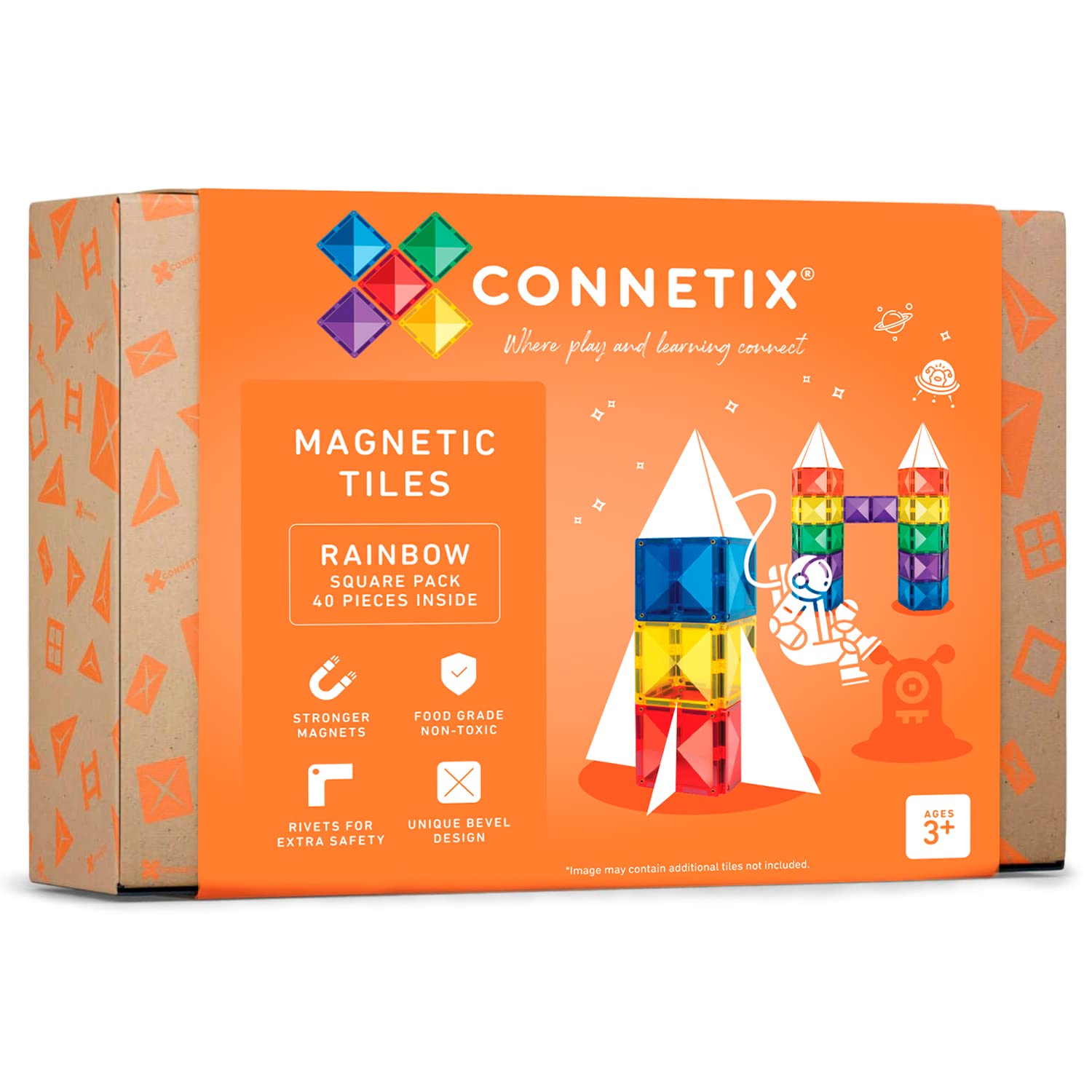 Connetix Tiles 40 Piece Square Pack, 40 Square Magnetic Tiles, Educational Magnetic Building Blocks in 6 Rainbow Colors, Fun STEAM Learning Tool, Great Magnets for Kids, Ideal for Beginners