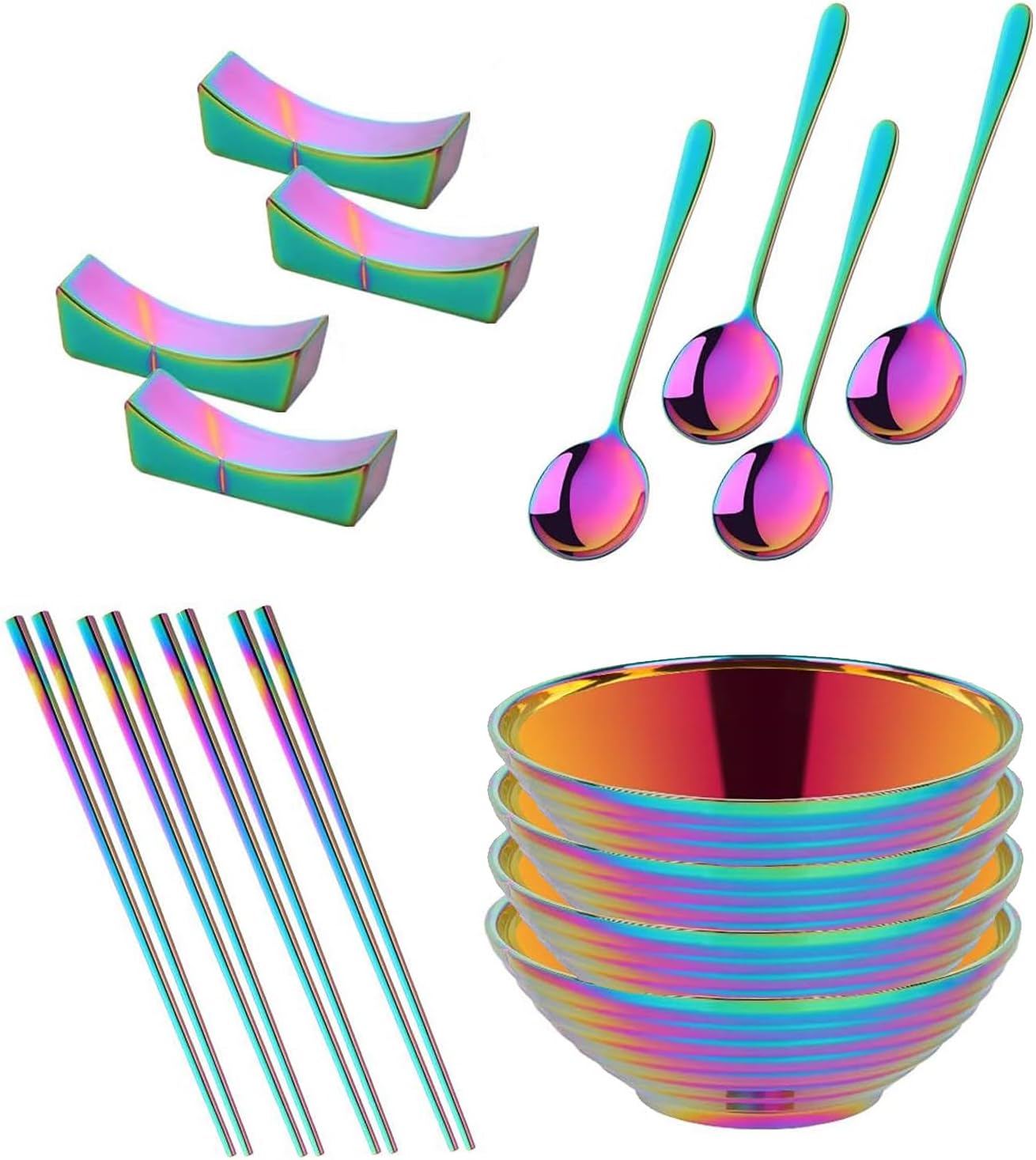 Meisha Ramen Noodle Bowl, 4 Set (16PCS) Stainless Steel Japanese Style Soup Bowls and Spoons Set with Chopsticks & Chopsticks Holders for Udon Soba Pho Asian Noodles, Rainbow