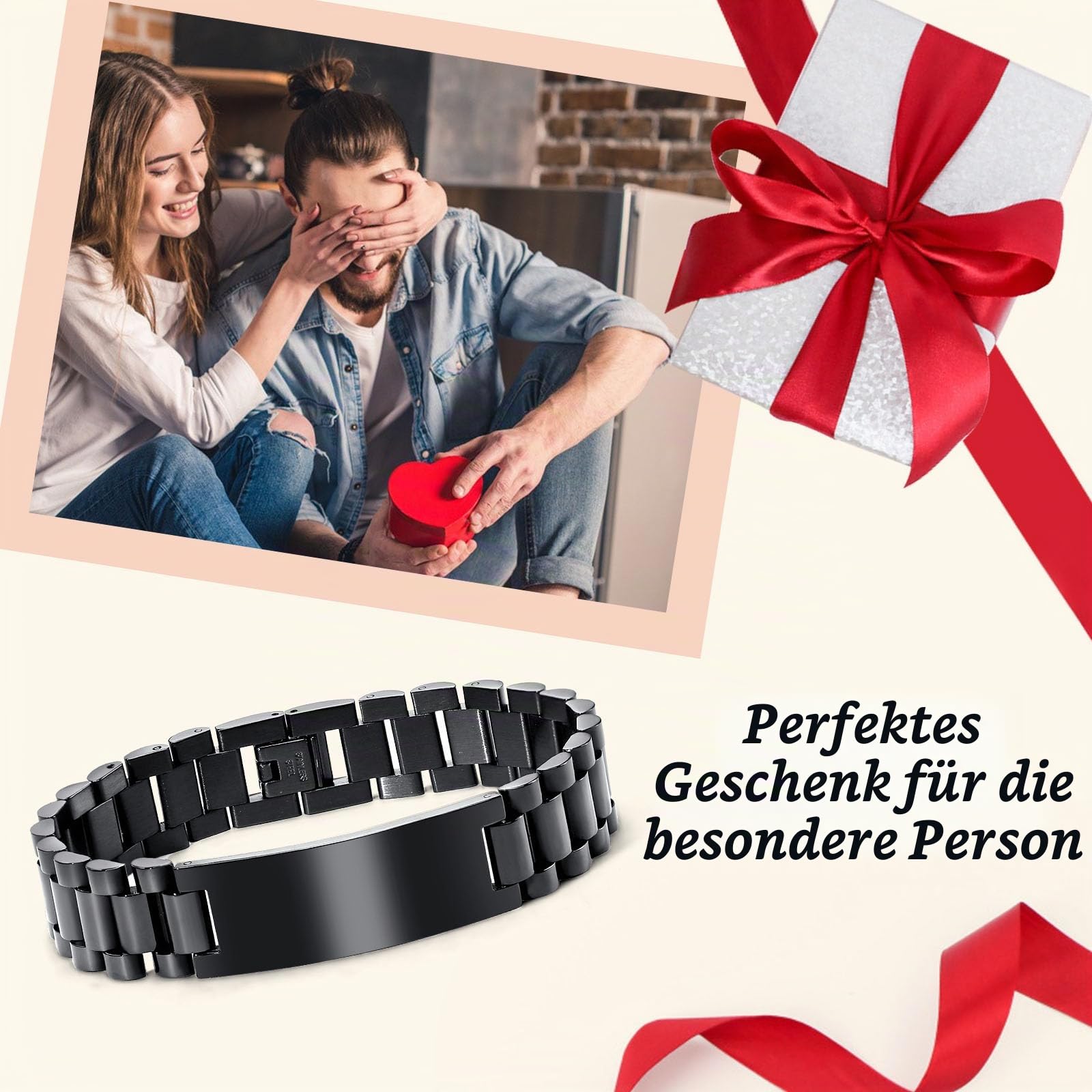 Paar Armband Schwarz Personalisiertes : Geschenk Armkette für Herren Damen Edelsathl 21.5cm Gravur Männer Frauen Glieder armbänder Junge Schmuck für Papa Sohn Geburtstagsgeschenk Vatertagsgeschenk