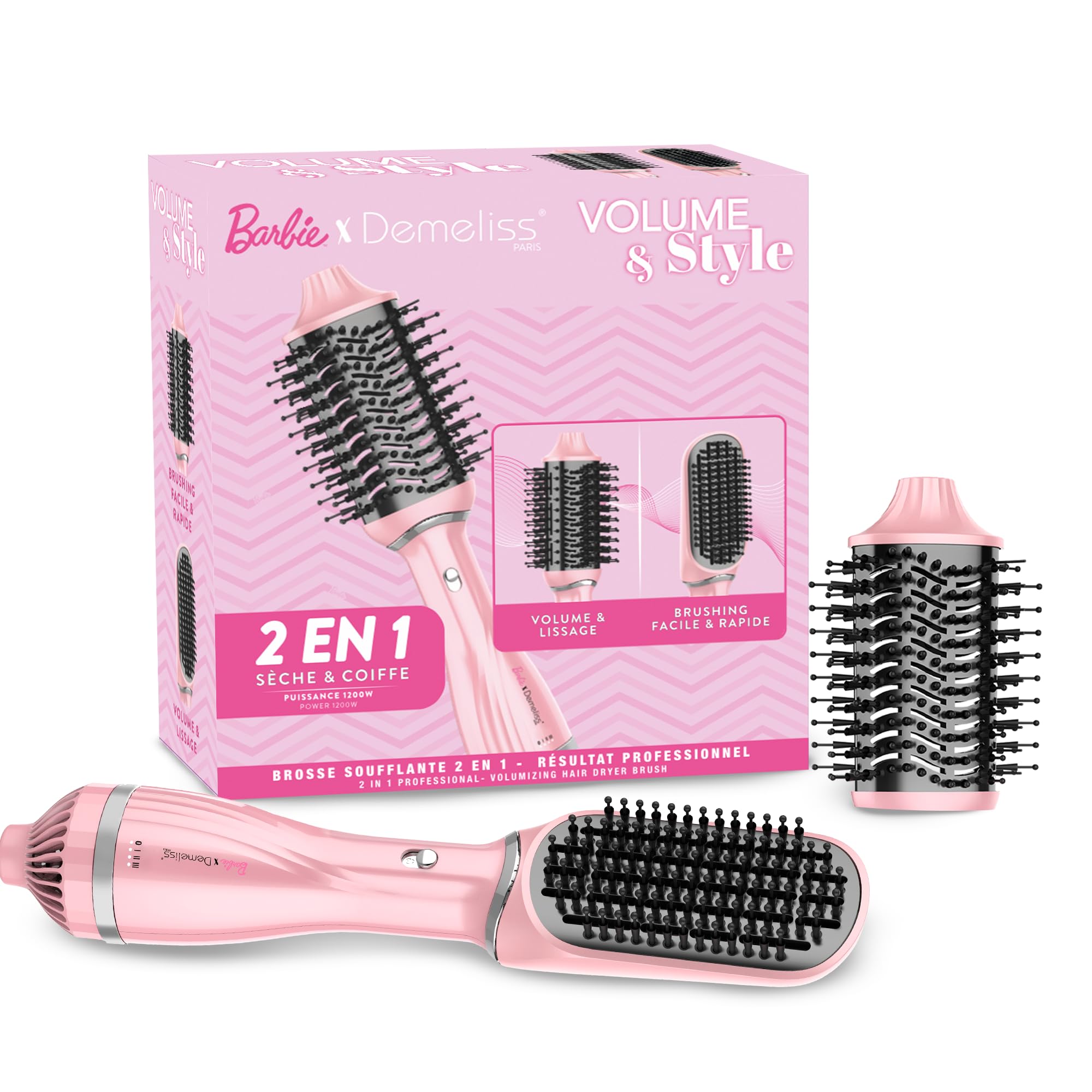 Demeliss VOLUME & STYLE Brosse Soufflante 2 en 1 Barbie™ – Sèche, Coiffe Tous Types Cheveux – 2 Têtes Interchangeables – Revêtement Céramique – 3 Températures – Brushing Volume Professionnel