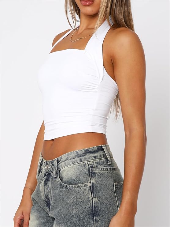 ForeFair Women Halter Neck Backless Crop Top Sexy Y2K Sleeveless Tank Top Open Back Slim Fit Tops