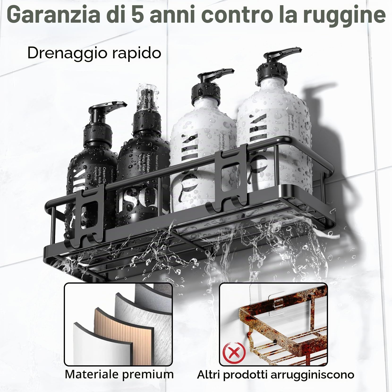 YASONIC Porta sapone per doccia 6 Pezzi Mensola doccia senza foratura, grande capacità con 12 ganci e Portasapone doccia, Impermeabile e antiruggine Porta shampoo doccia, Organizer doccia, Nero