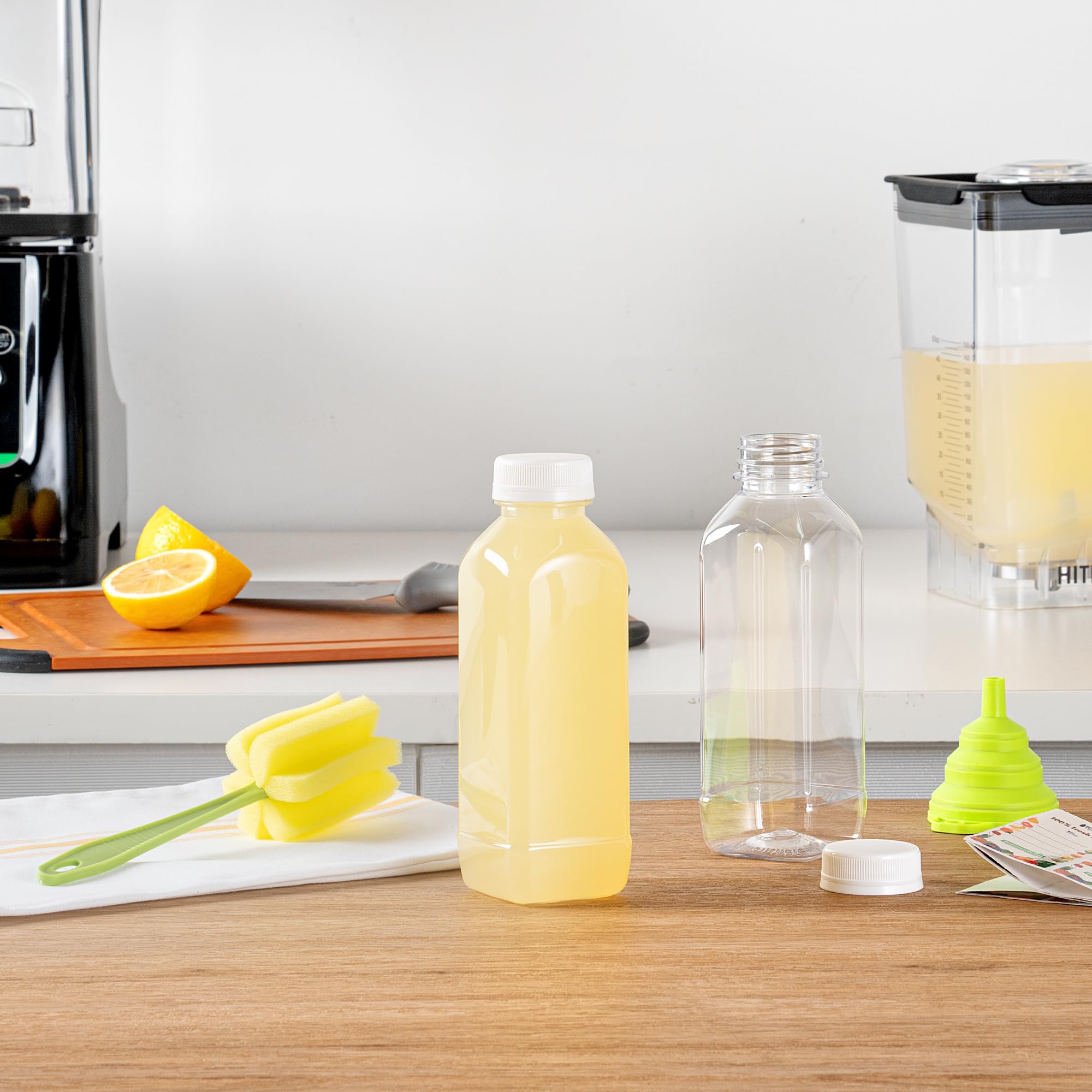 Restaurantware Botella Tek de 16 onzas para jugo, 1 botella con tapa, incluye etiqueta, tapa, cepillo y embudo, recipiente vacío de plástico transparente, para batidos, leche o agua