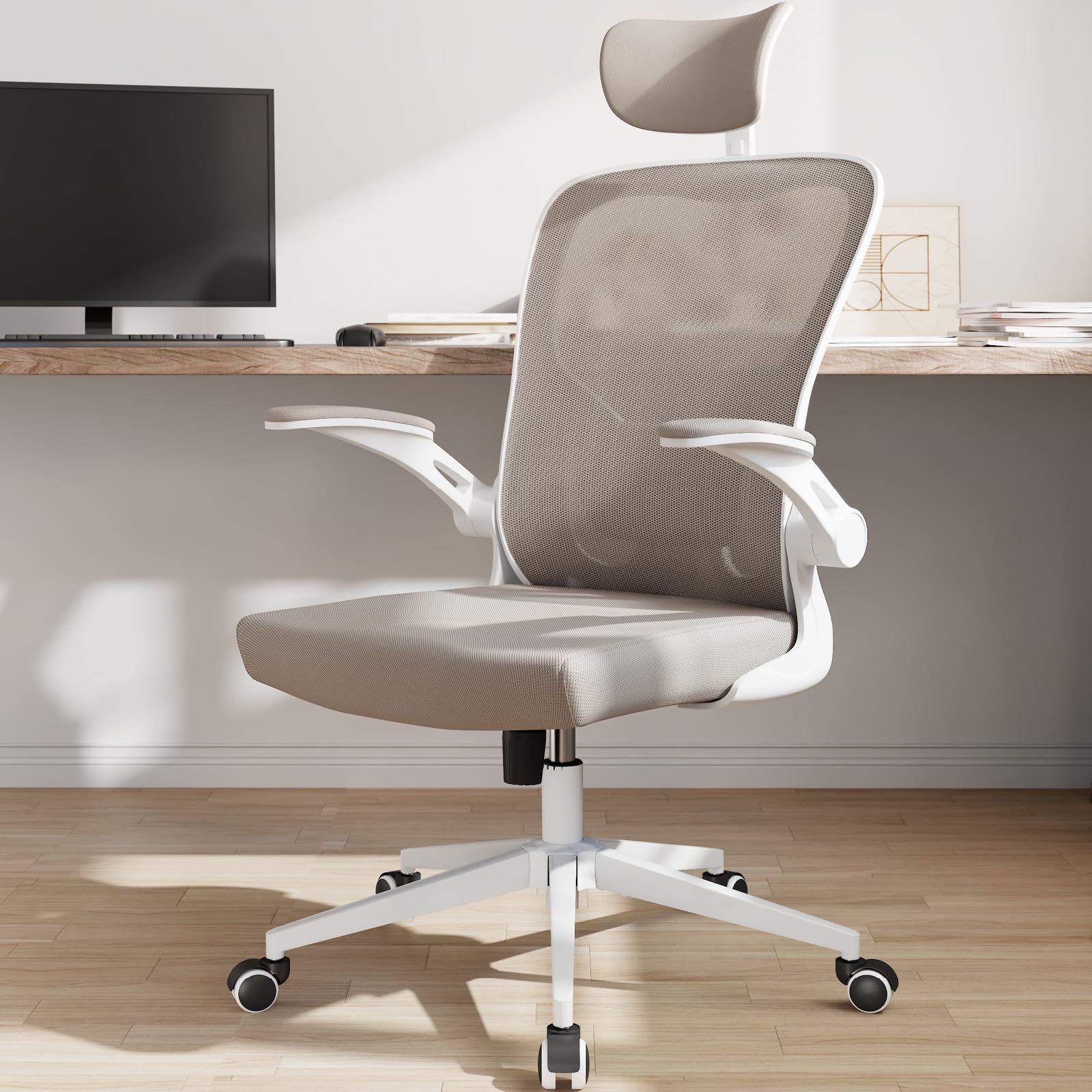Monhey Sedia da ufficio ergonomica da scrivania, con supporto lombare, poggiatesta e braccioli ribaltabili, regolabile in altezza, con schienale alto, sedia per computer, sedia da studio in rete color