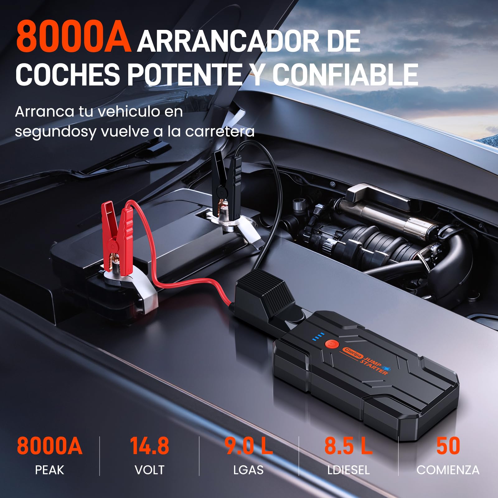 Arrancador de Baterias de Coche 𝟏𝟒.𝟖𝐕- 𝟖𝟎𝟎𝟎𝐀 Jump Starter para Motor 9.0L Gas o 8.5L Diesel, Power Bank Portátil con Carga Rápida QC3.0, Linterna LED y Pinzas Inteligentes