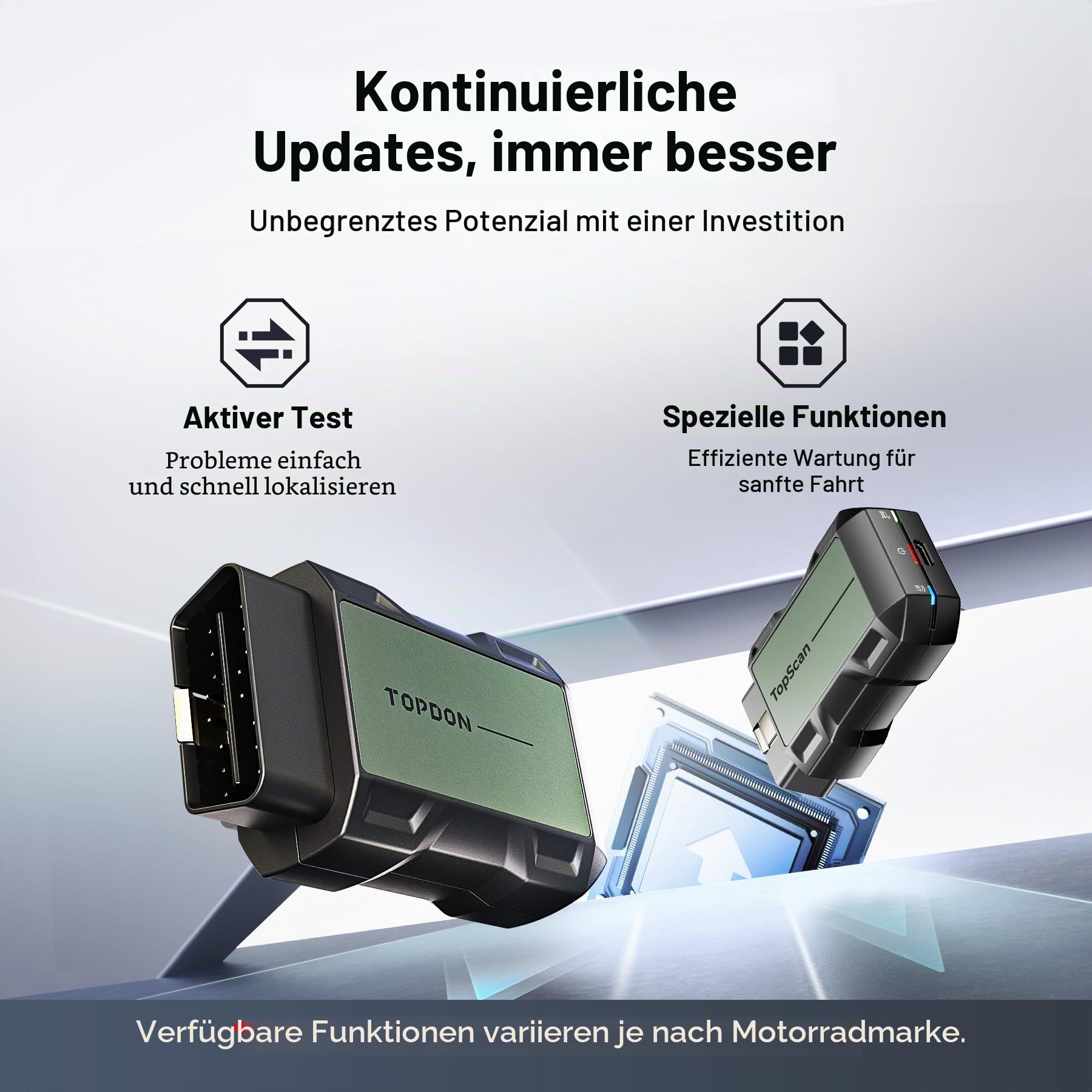 TopScan Motorrad OBD2 Diagnosegerät, Kabelloser Motorrad OBD2 Diagnosewerkzeug, Passend für Harley, Ducati, BMW, Alle Systeme Scan Tool mit Hot Reset Funktionen, Datenstrom, Grau