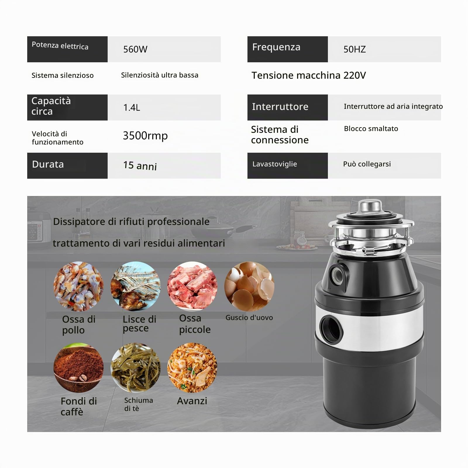OUKANING Dissipatore di rifiuti Acciaio Inossidabile 1000Ml Avanzi di Cucina Trituratore di rifiuti Trituratore di rifiuti Protezione da sovraccarico, Protezione dal Rumore