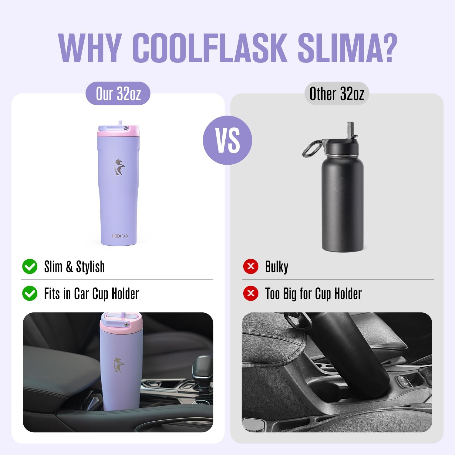 Coolflask Water Bottle 32 oz Fits Car Cup Holder, Slim Tumbler Stainless Steel with Straw & Handle, Vacuum Flask Leakproof Wide Mouth for Travel Sports Gym, Lavender - Image 2