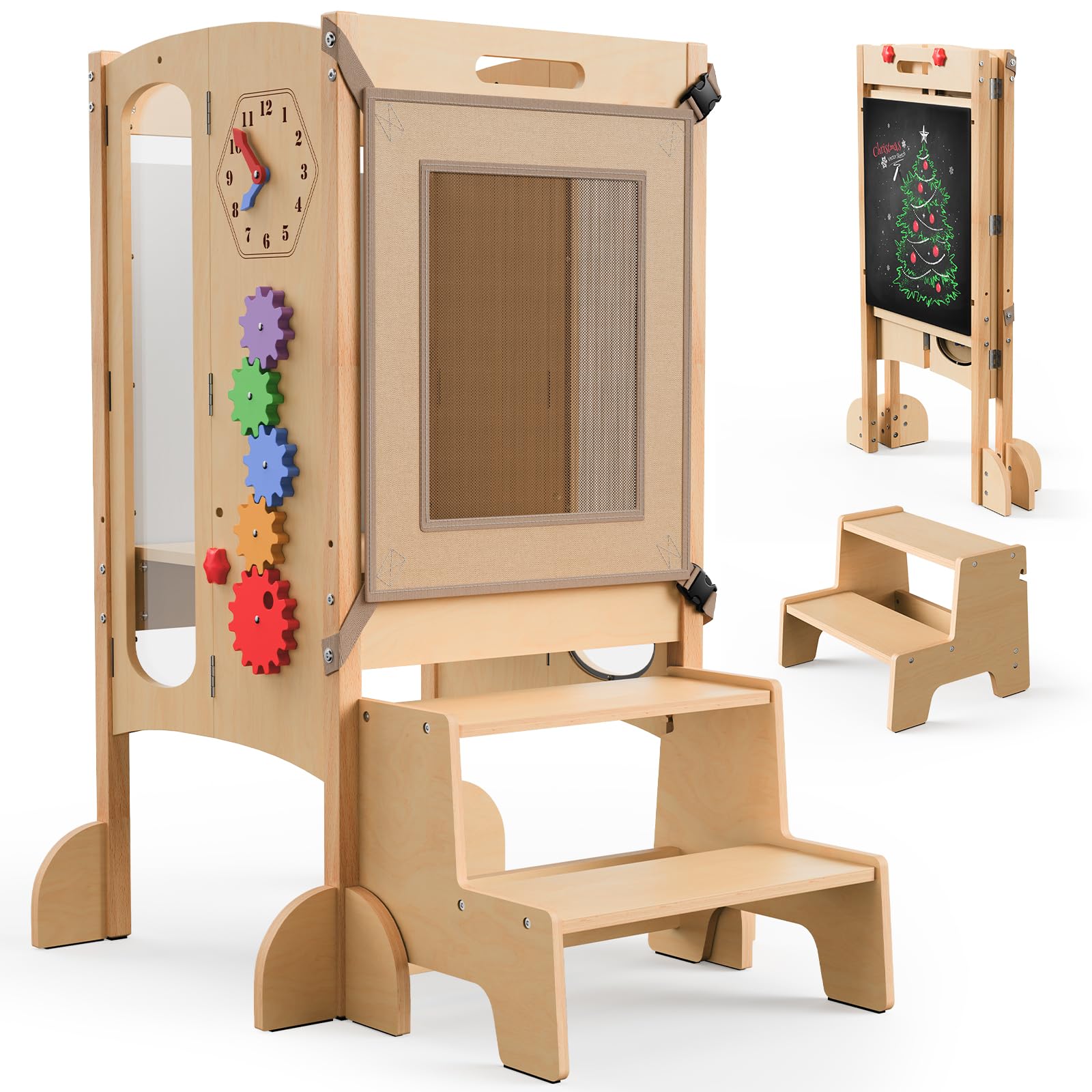 Toddler Tower Foldable Toddler Kitchen Stool Helper with 2 Step Stool Wooden Toddler Stool with Safety Net Adjustable Height Chalk Whiteboard Montessori Activity Game