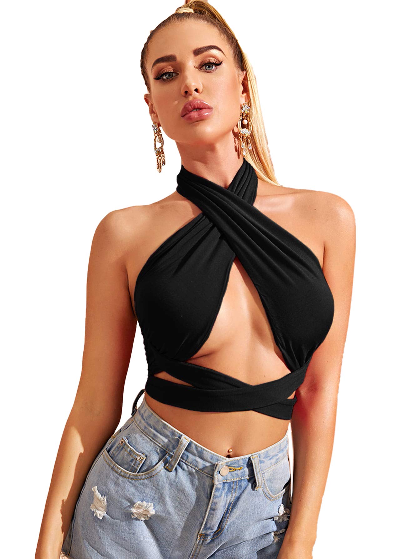 Women's Sexy Cut Out Halter Crisscross Tie Back Crop Tank Top