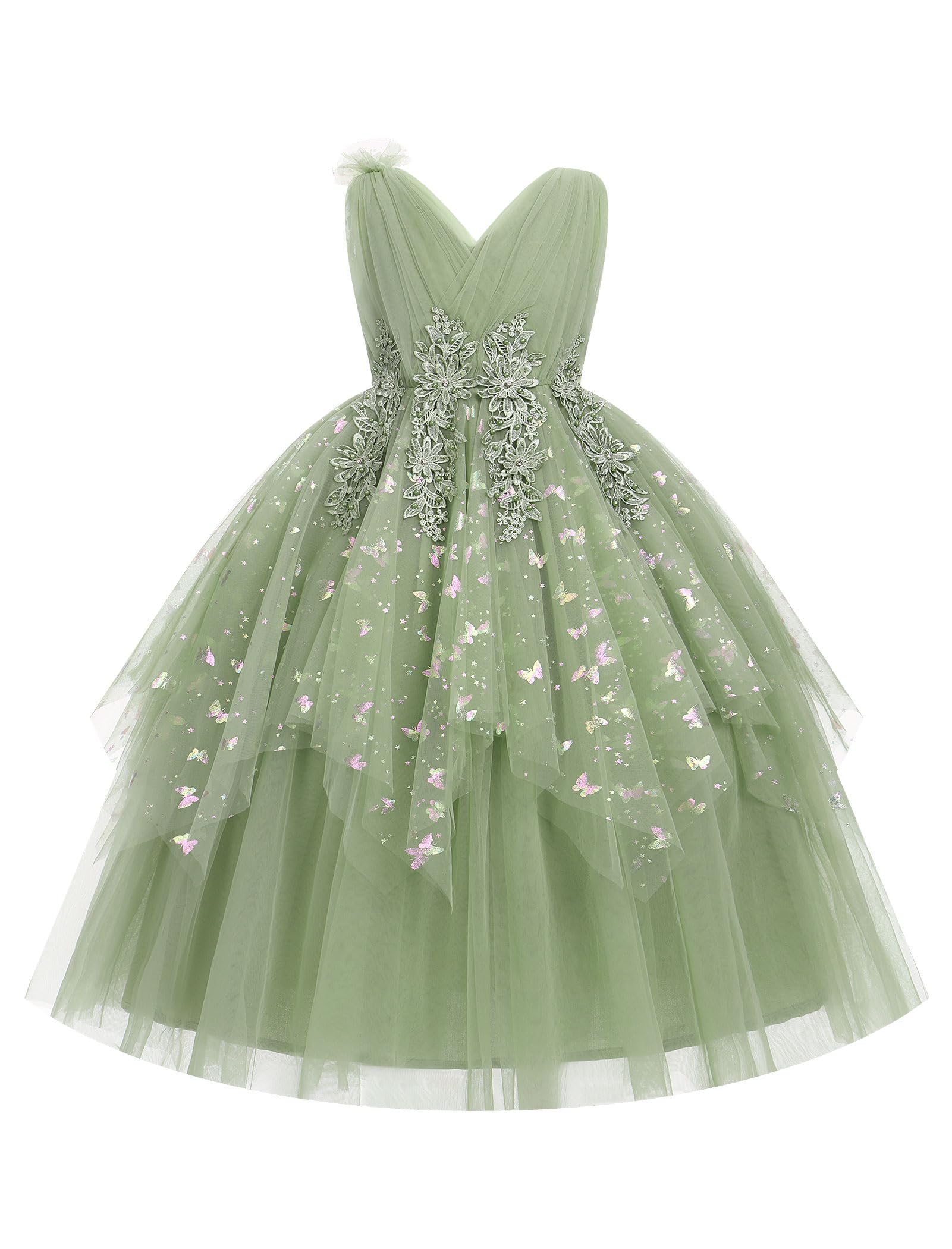IBAKOM Flower Girl Formal Wedding Butterfly Party Dress | Sparkly V Neck Junior Bridesmaid Pageant Birthday Tea Party Outfit Tween Princess 1st Communion School Prom Evening Ball Gown