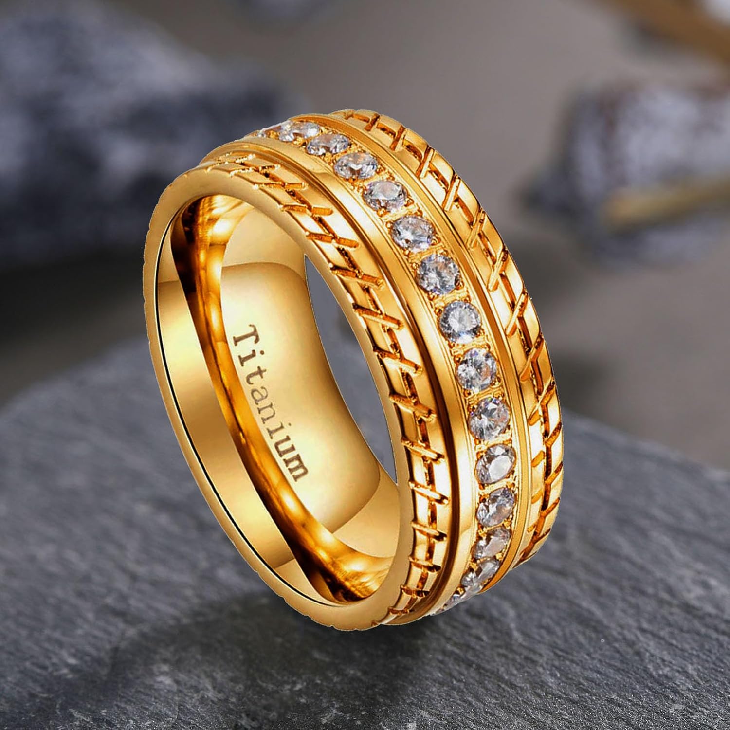 Black Gold Plated 8mm Purple AAA CZ Titanium Steel Mens Ring Men Wedding Band Man - Image 4
