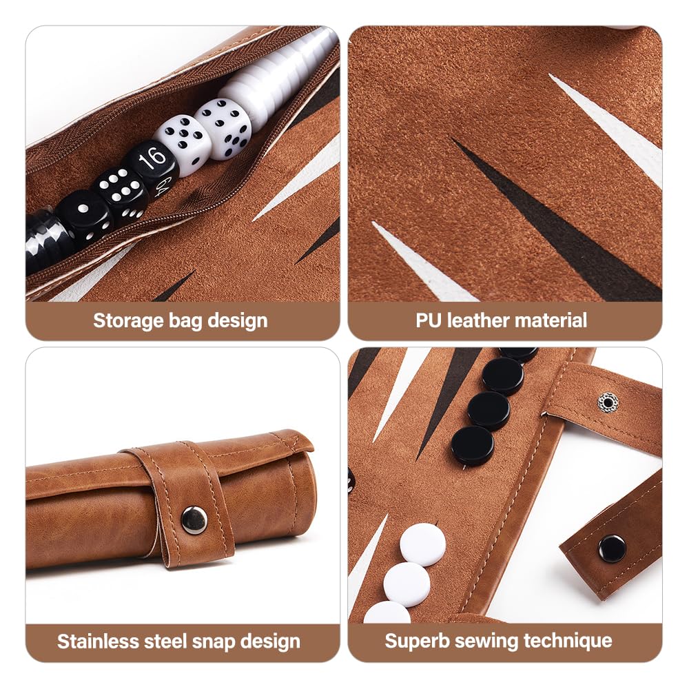 Backgammon de Voyage, Set de Backgammon avec Pierres et Dés, Jeu de Voyage à Enrouler pour Les Voyages et Les Déplacements, Extérieur en Cuir, Haute Qualité