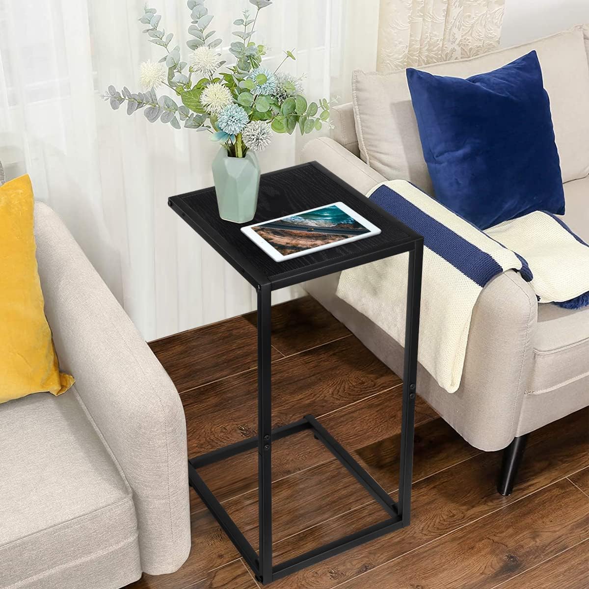 C Shaped End Table Set of 2, Snack Side Table, C Tables for Couch, Couch Tables That Slide Under, for Living Room, Bedroom, Black