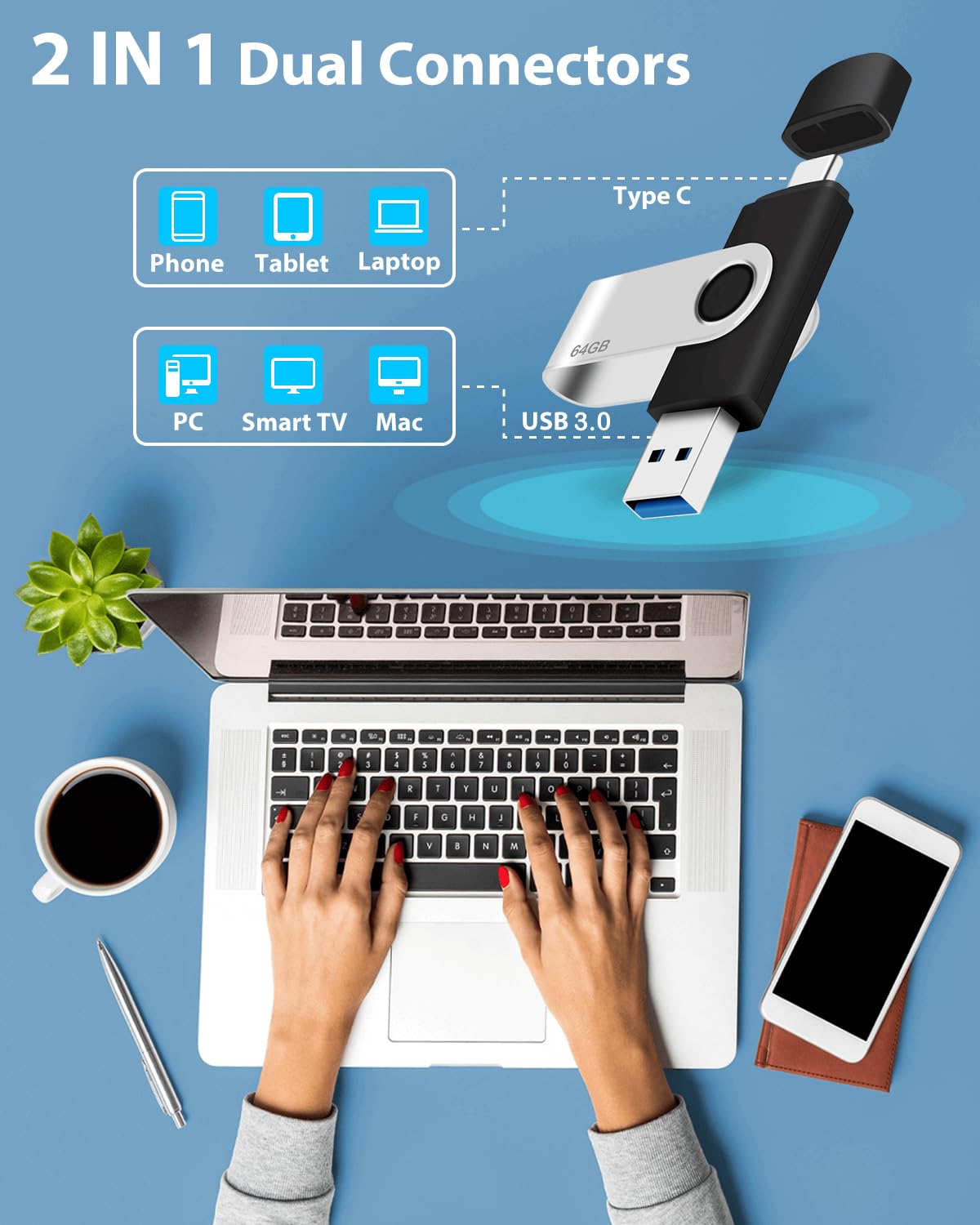 Clés USB 64 Go Lot De 2 - Métal étanche, USB 2.0, Format FAT32, Compatibles PC, TV, Voiture - 3