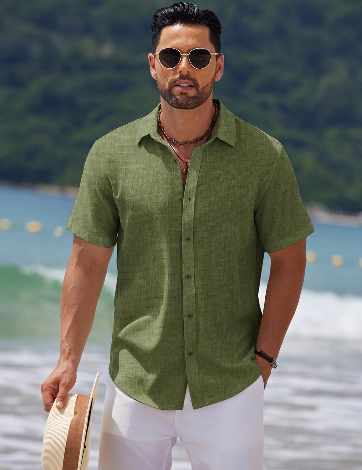 COOFANDY Men's Casual Summer Beach Shirt Short Sleeve Button Down Shirt Vacation Wedding Shirt Linen Textured Shirts - Image 2