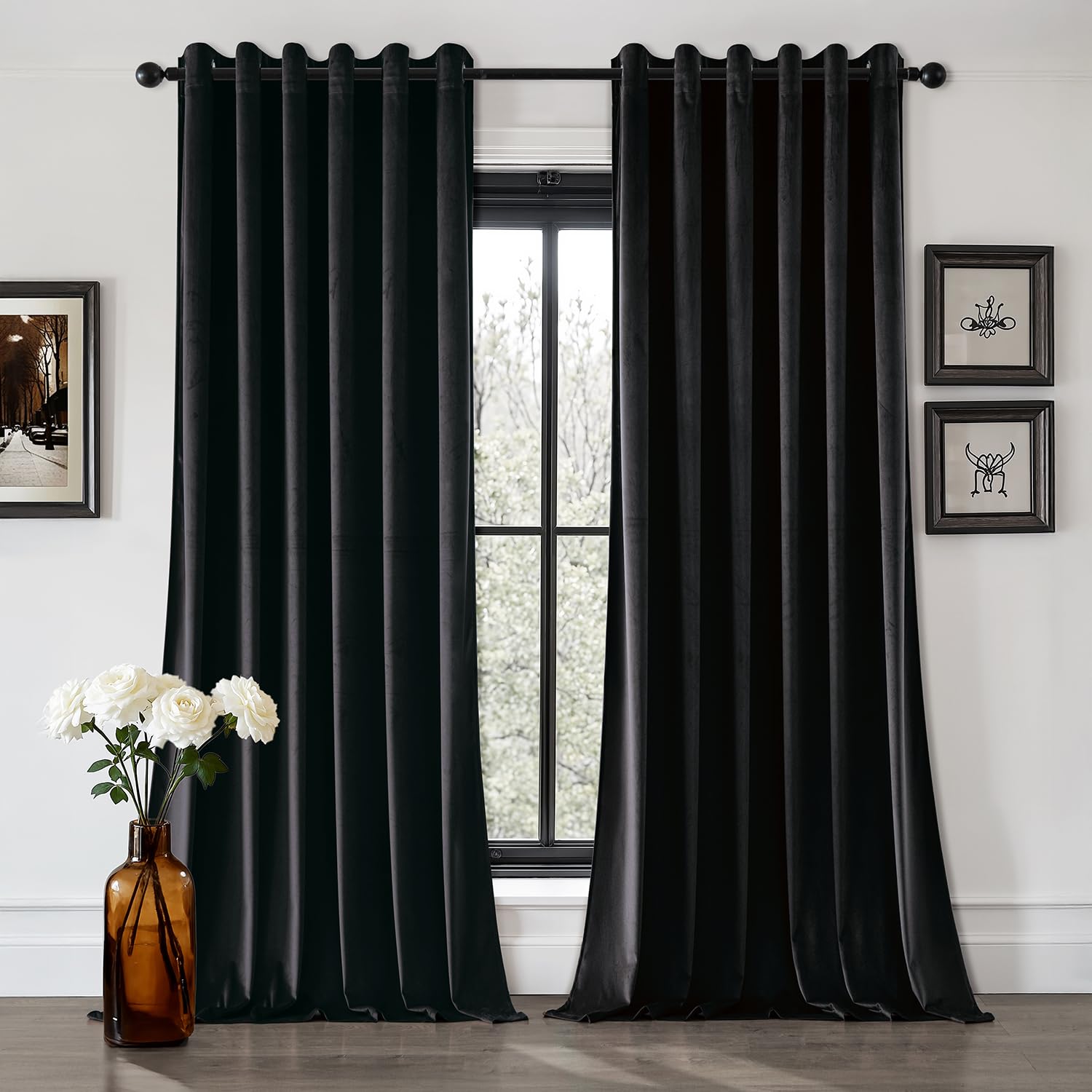 MIULEE Thick Velvet Curtains for Bedroom 2 Panel Set, Elegant Home Decor Room Darkening Velvet Curtains for Living Room, Black Eyelet Curtain 88 Drop, Each Panel 90 x 90 Inches