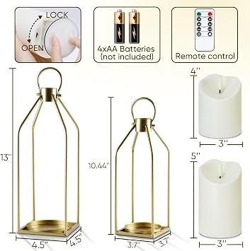 Homemory Modern Farmhouse Gold Metal Lanterns 2PCS with Flameless Candle | Waterproof Lantern Design Outdoor Indoor, Ideal for Fall, Halloween, Christmas, Living Room, Patio, Porch, Tabletop Decor
