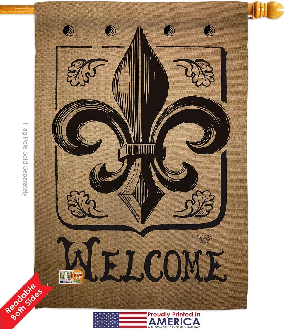 Welcome Fleur De Lys House Flag Country Living Vintage Flower Lily Lis French Party Mardi Small Decorative Gift Yard Banner Double-Sided Made In USA 28 X 40