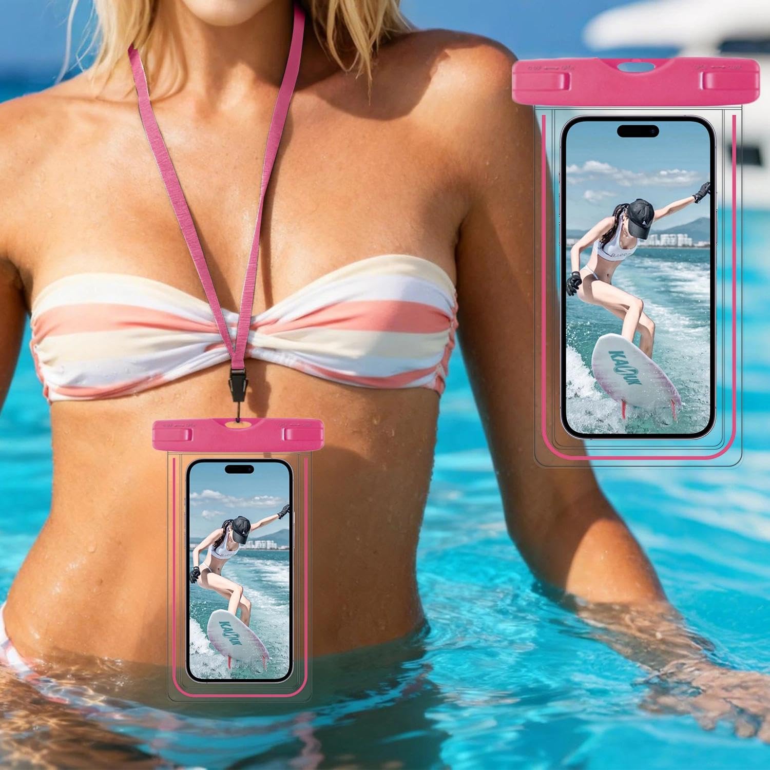 Waterproof Phone Pouch Glow Neon Universal Phone Case with Lanyard Dry Bag Swimming Snorkeling Rafting Beach Kayaking Travel Pink