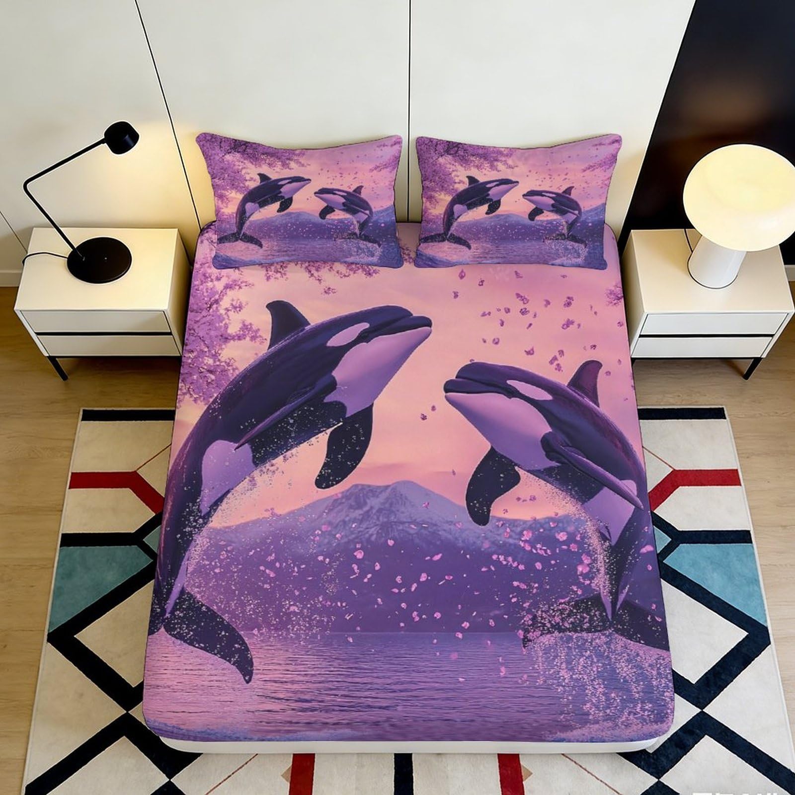 Jqzkxnhpbr Style-7 3D Printed Purple Ocean Orca Fitted Sheet Microfiber Soft Washable Sunset Whale Mattress Cover Bedroom Decor 90X200x25cm
