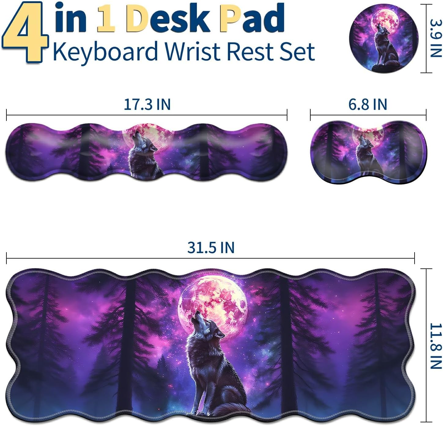 4-Piece XXL Gaming Mouse Pad Set (31.5"x11.8") with Keyboard Wrist Rest,Mouse Wrist Support & Coaster,Ergonomic Non-Slip Desk Mat for Office & Home,Moon Wolf Howling