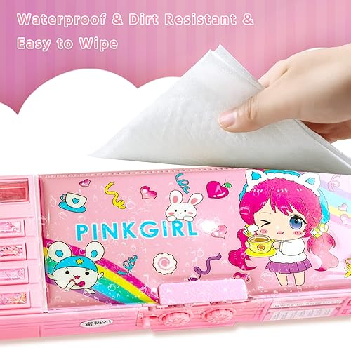 Miniatura 4 de Paquete de 2 estuche multifunción desplegable para niñas, bonita caja de bolígrafos de dibujos animados con cerraduras, sacapuntas, horario, pizarra