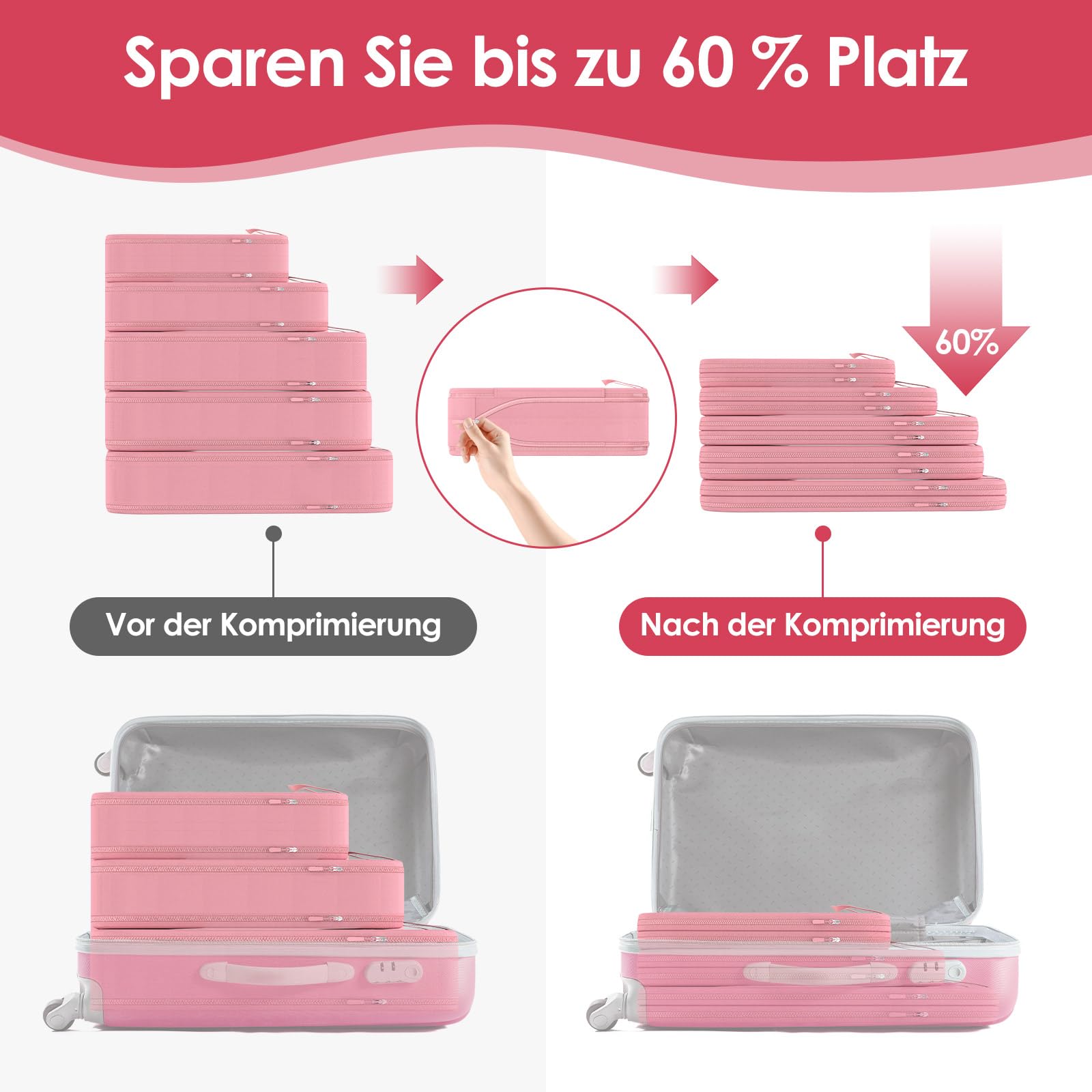 10-teilige Packing Cubes Compression Set, Kompressions-Aufbewahrungsset inkl.Wäschesack/Schuhbeutel/Unterwäschebeutel/Kordelzugbeutel/transparenter Kulturbeutel (Rosa Kompression 10 Pcs)