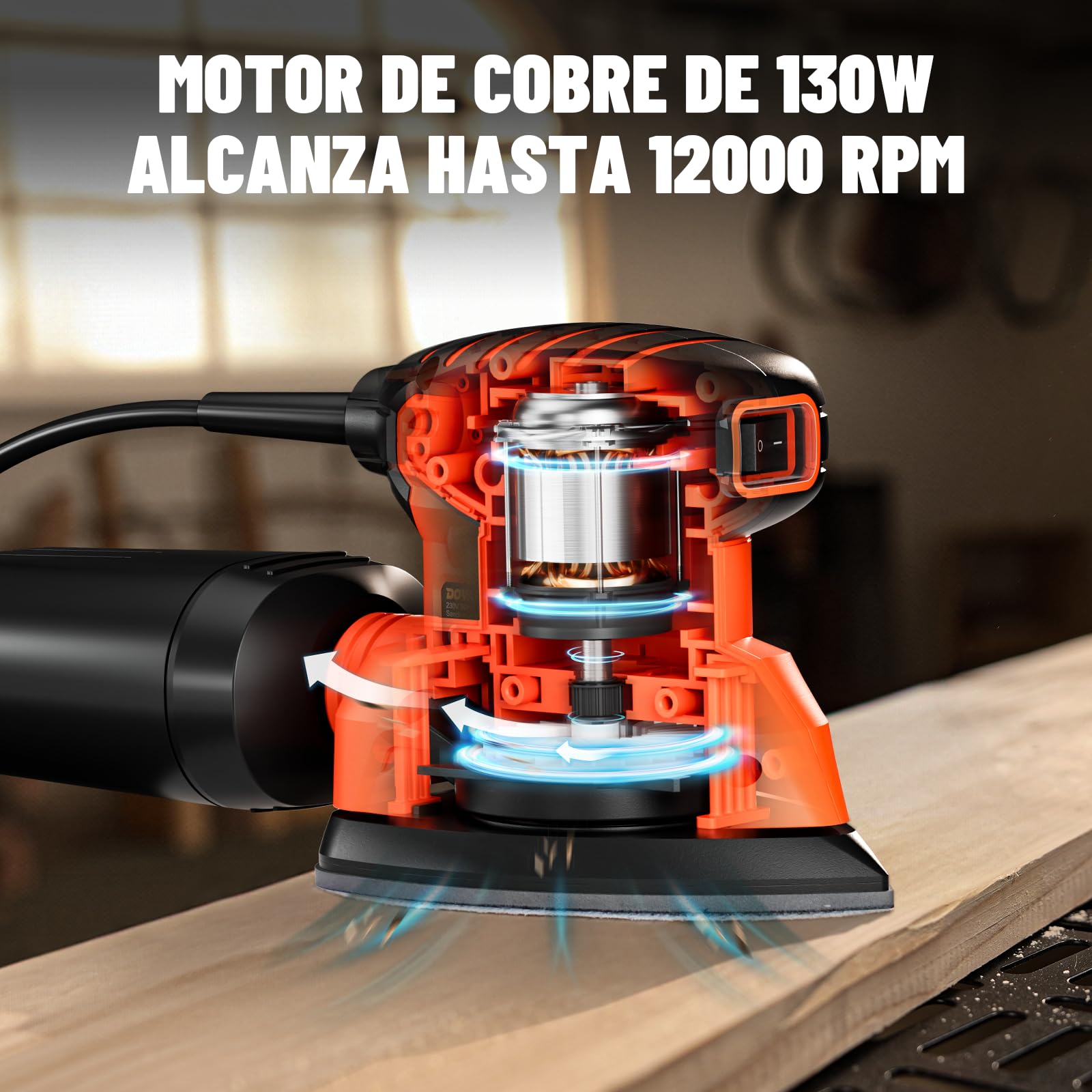DOVAMAN DLS03A Lijadora Eléctrica de Madera 130W - 12000 RPM Con Colector de Polvo, 12 Piezas de Papel de Lija - Liviana y de Baja Vibración Para Madera y Acero