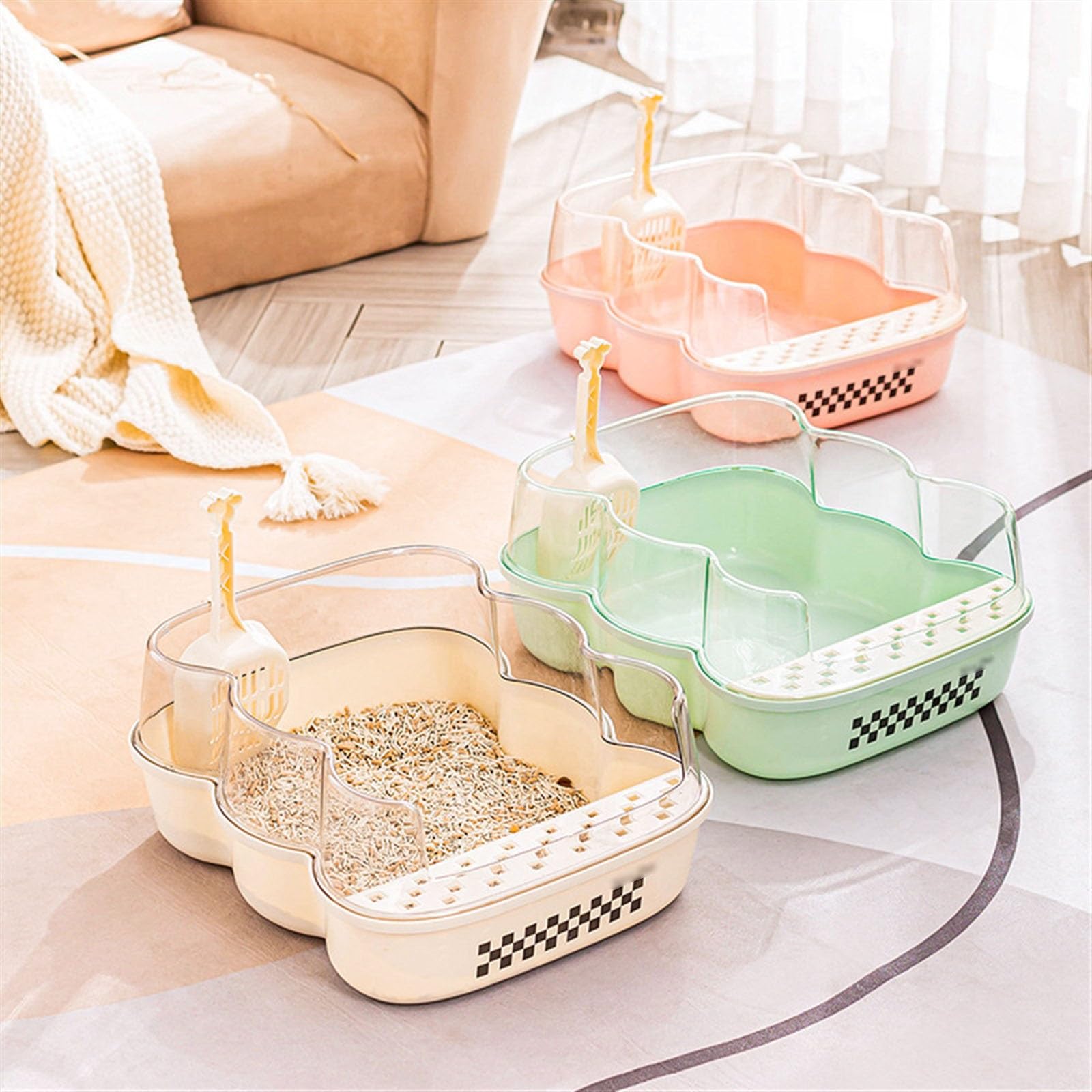 Lettiera per Gatti Lettiera semi-chiusa, lettiera aperta for gatti, lettiera extra large anti-schizzi con sportello trasparente e paletta for setacciare la lettiera Toilette per Gatti(Beige,Piccolo)