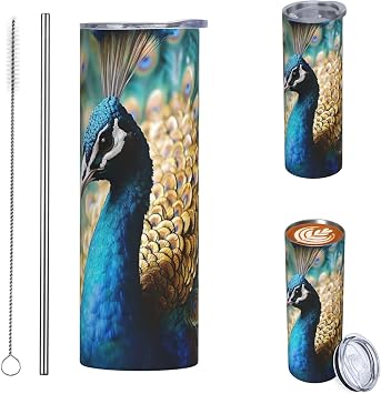 20oz Sublimation Tumblers Straight Skinny Tumbler Beautiful peacock Skinny Tumblers Double Wall Insulated Straight Skinny Tumblers with Lids and Metal Straws Vacuum Slim Tumbler for Drinks