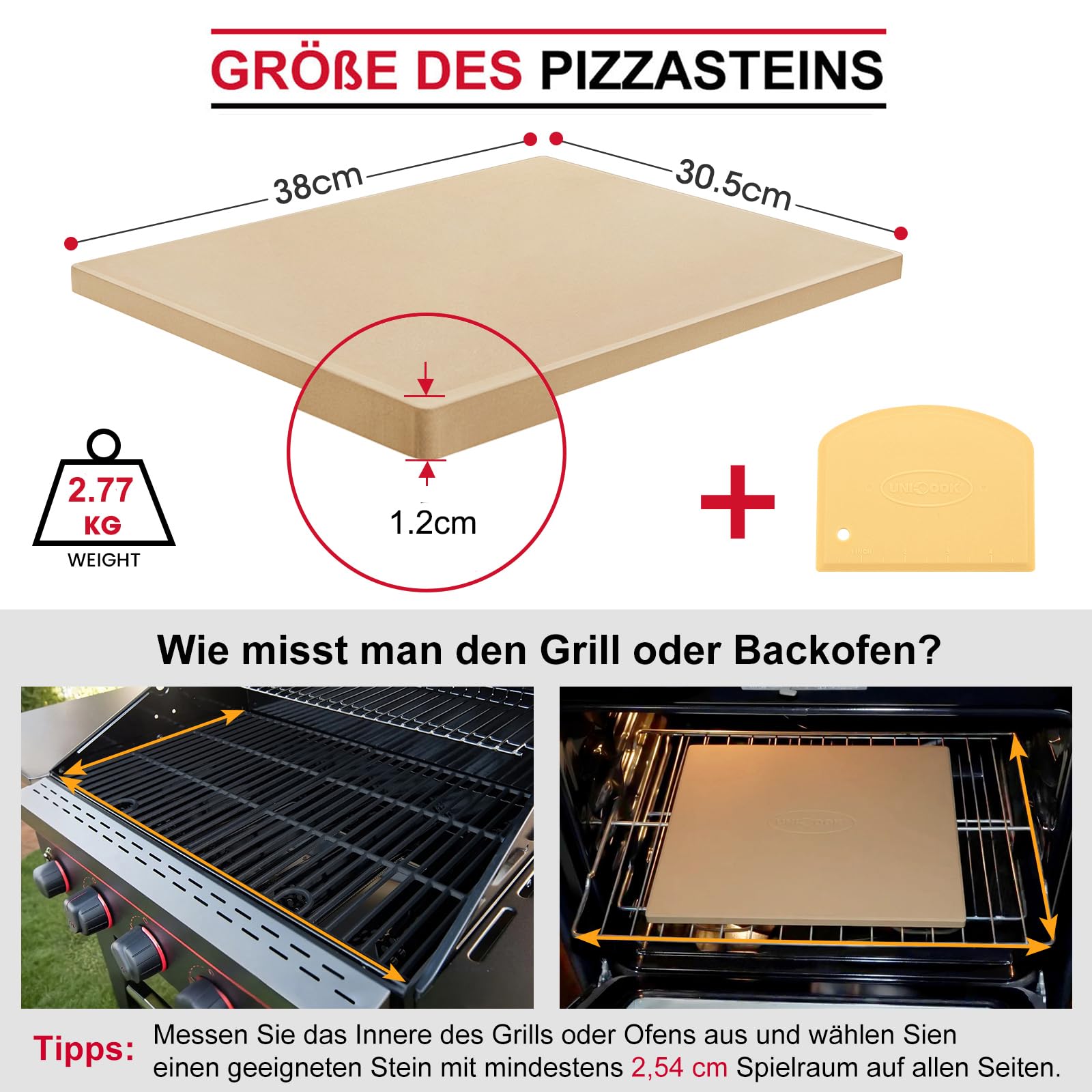 Unicook Rechteckiger Pizzastein 38 x 30.5 cm - Pizza Backstein für Backofen und Grill, Backofenstein aus Cordierit für knusprigen Pizzaboden, Brot, Keksen