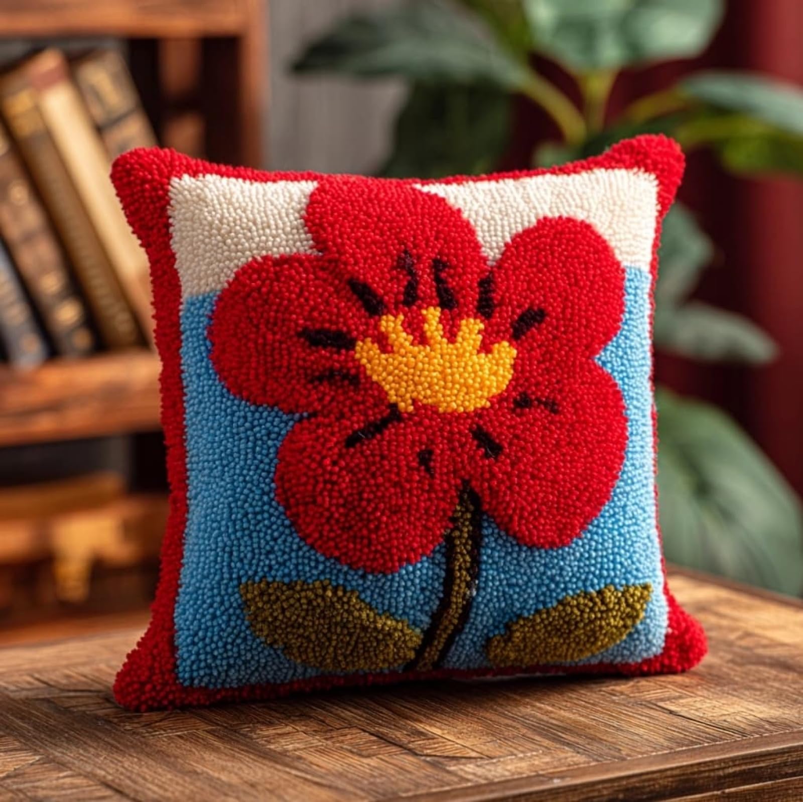 AxiangziK Latch Hook Pillow Craft Kit,Red Flowers 43x43cm/17x17Inch,Complete Starter Kit for Beginners & Craft Enthusiasts
