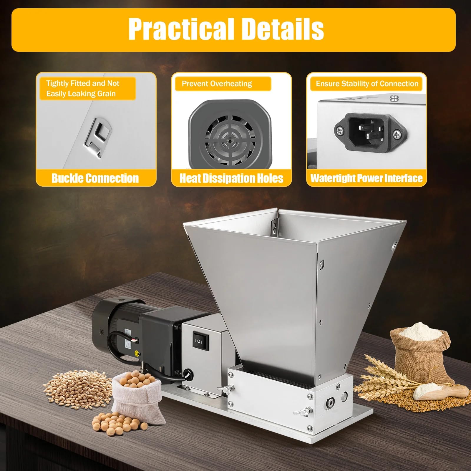 Moulin à grains électrique, trémie de 4 L, design à 2 rouleaux, fraisage efficace, capacité de 20 kg/h