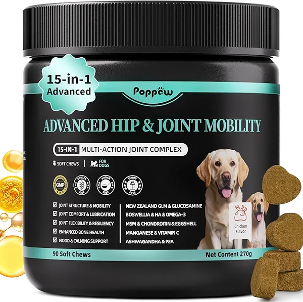 POPPAW Dog Hip and Joint Supplement, 15-in-1 Advanced Glucosamine for Dogs with Chondroitin, MSM, New Zealand GLM, Pea, Omega 3 - Chicken Flavor - 90 Soft Chews, Fits All Breeds and Sizes