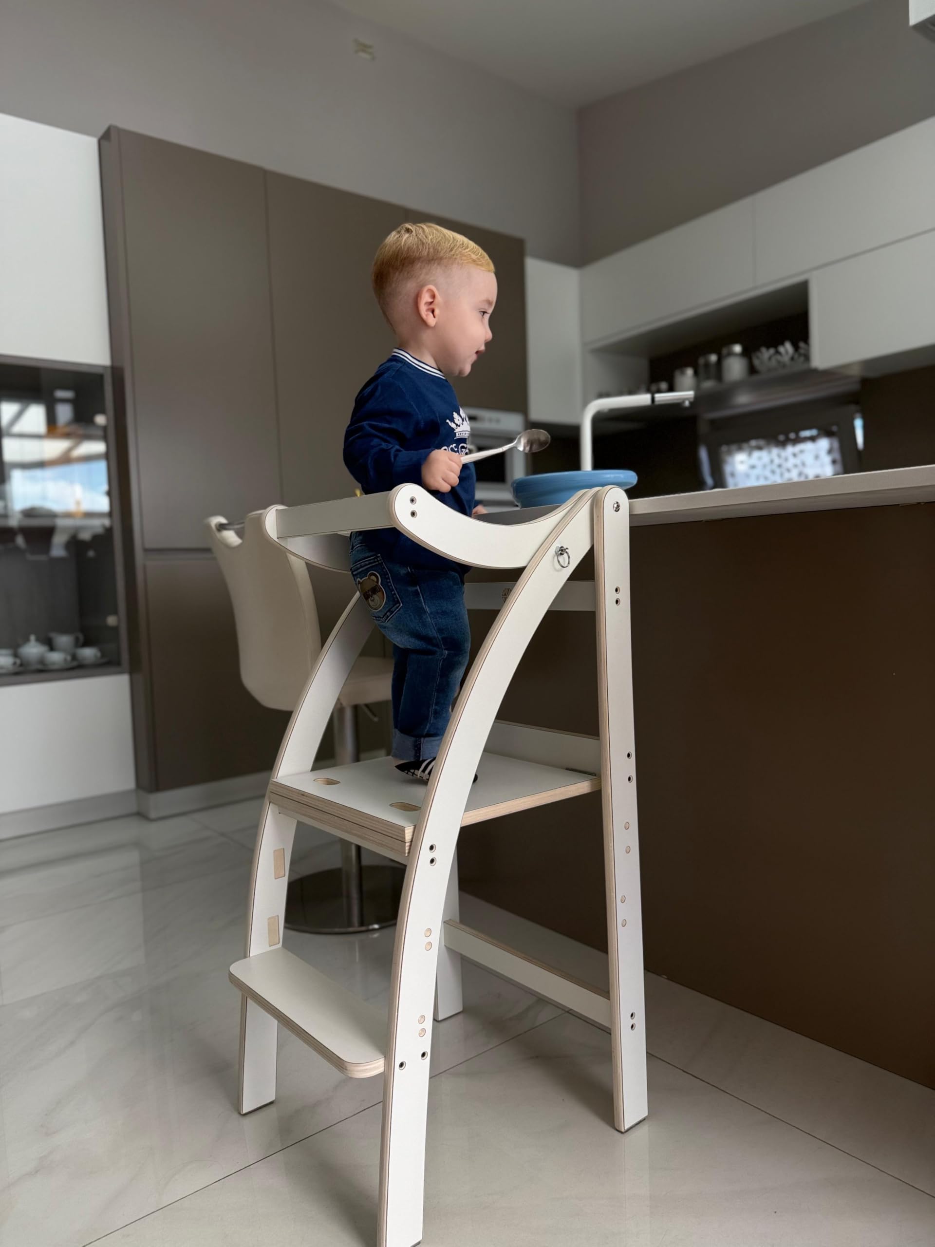 Learning Tower Richiudibile con Blocco per Bambini - Torre Montessori Regolabile su 3 Altezze e Richiudibile - Torre Montessoriana Richiudibile (Bianco, Standard)