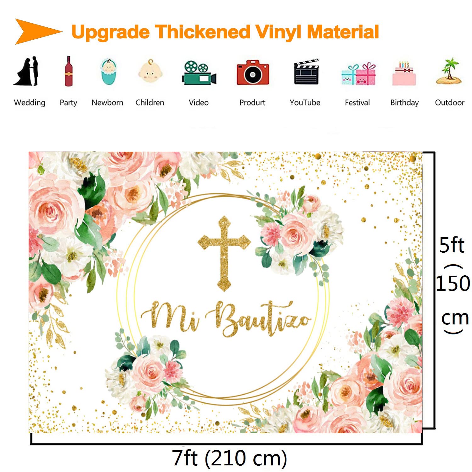AOFOTO Rund-Hintergrund 2,1 M – God Bless Floral Design Für Taufe, Kommunion, Babyparty (gold, Rosa, Weiß)