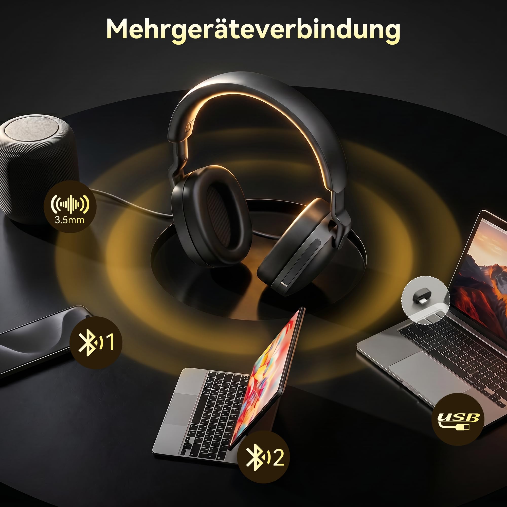 TECKNET Hybrid ANC Kopfhörer, V5.4 Bluetooth Headset mit Mikrofon, Mehrere Verbindungsmethoden, Schnellladung, 100 Std. Betriebsdauer, Over Ear Kopfhörer Bluetooth mit MFB für Musik、Büroarbeit