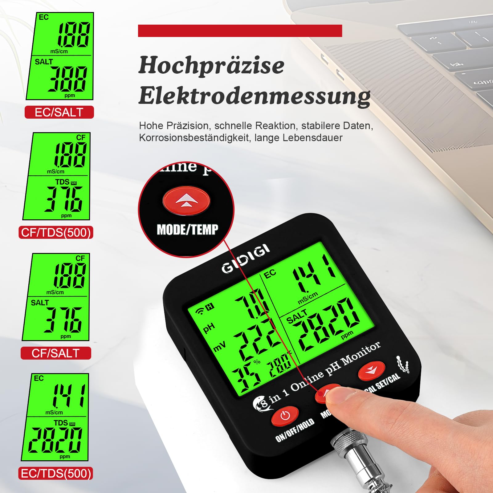 pH ppm WiFi-Monitor, intelligenter 8-in-1 Wasserqualitätstest, hydroponischer pH EC-Messer, pH TDS EC Salz ORP-Tester mit Kalibrierlösungs-Kit, Salzgehalt-Tester für Aquarien