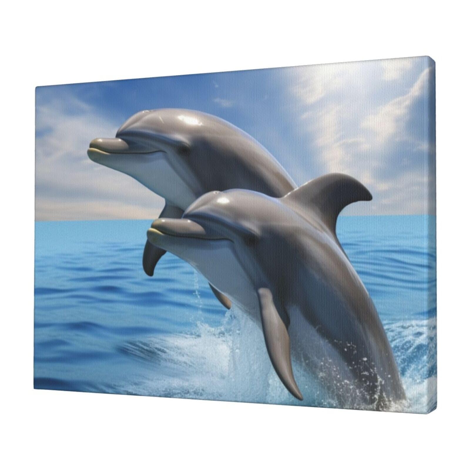 KLOPH Two Dolphins Canvas Wall Art for Living Room 12"x16" Modern Artwork Painting for Bathroom Hanging Canvas Prints Aesthetic Wallart for Bedroom Kitchen Office Wall Decor