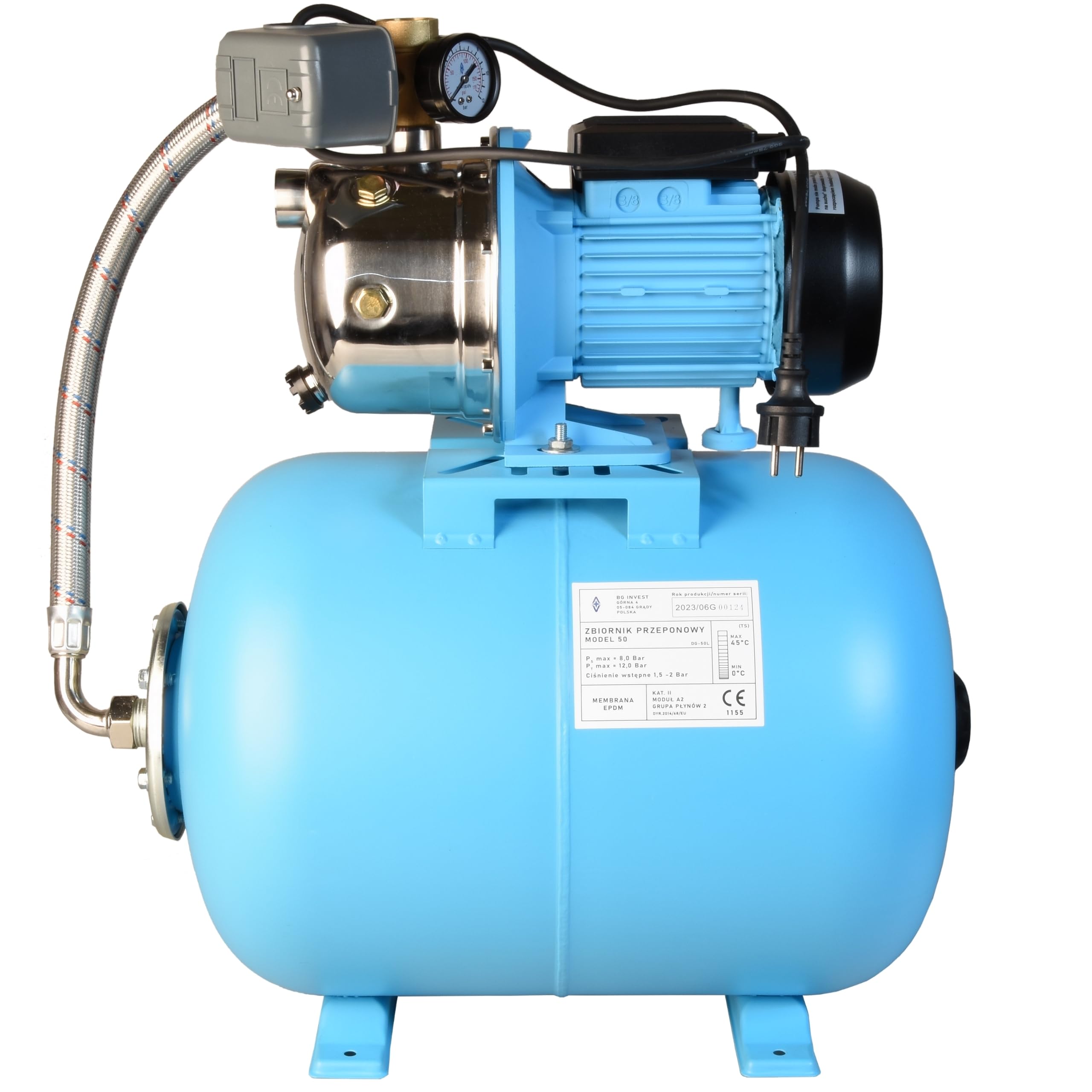 Groupe de surpression JX 1100 (1100 W, Débit max. 3600 l/h, Hauteur de refoulement 50 m, Pression 5 bar) - Pompe à Eau JX 1100 INOX avec Réservoir de Pression 50 L - pour Arrosage Pelouse, Jardin