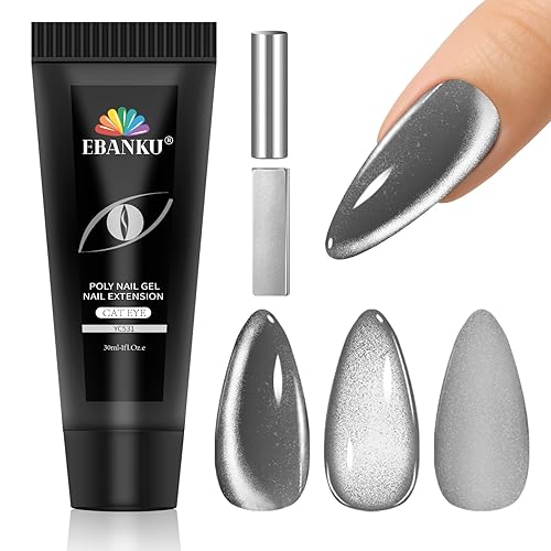 Miniatura 15 de Kit de uñas de gel de poliéster, gel de extensión de uñas de ojo de gato de EBANKU de 6 colores, gel constructor magnético con purpurina, kit 6