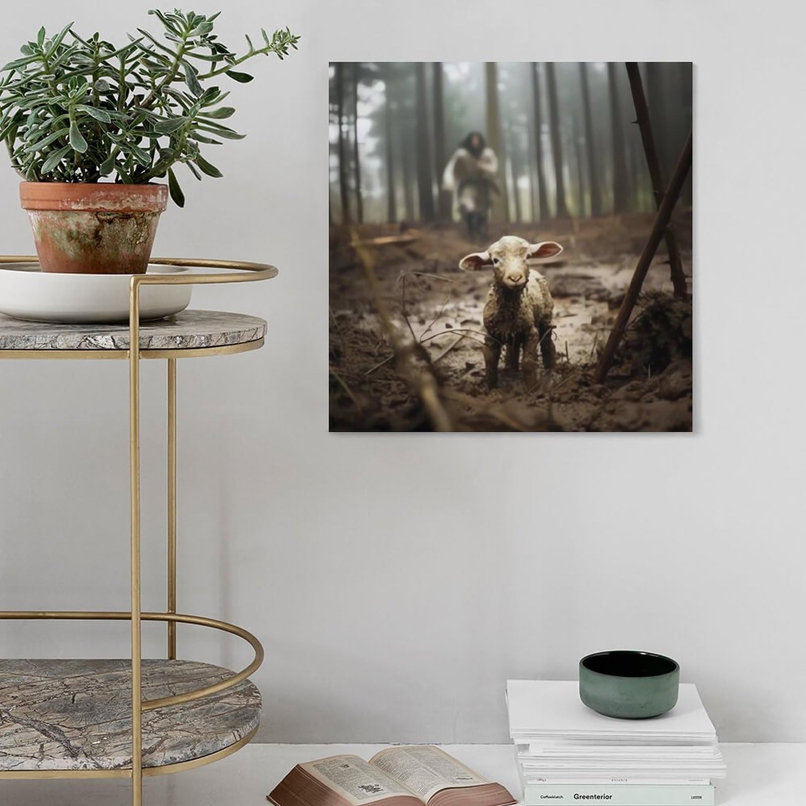 Poster Jésus et Agneau noir et blanc Art Jésus courant après l'agneau perdu art rétro art mural art moderne religieux chrétien décoration d'intérieur 50 x 50 cm