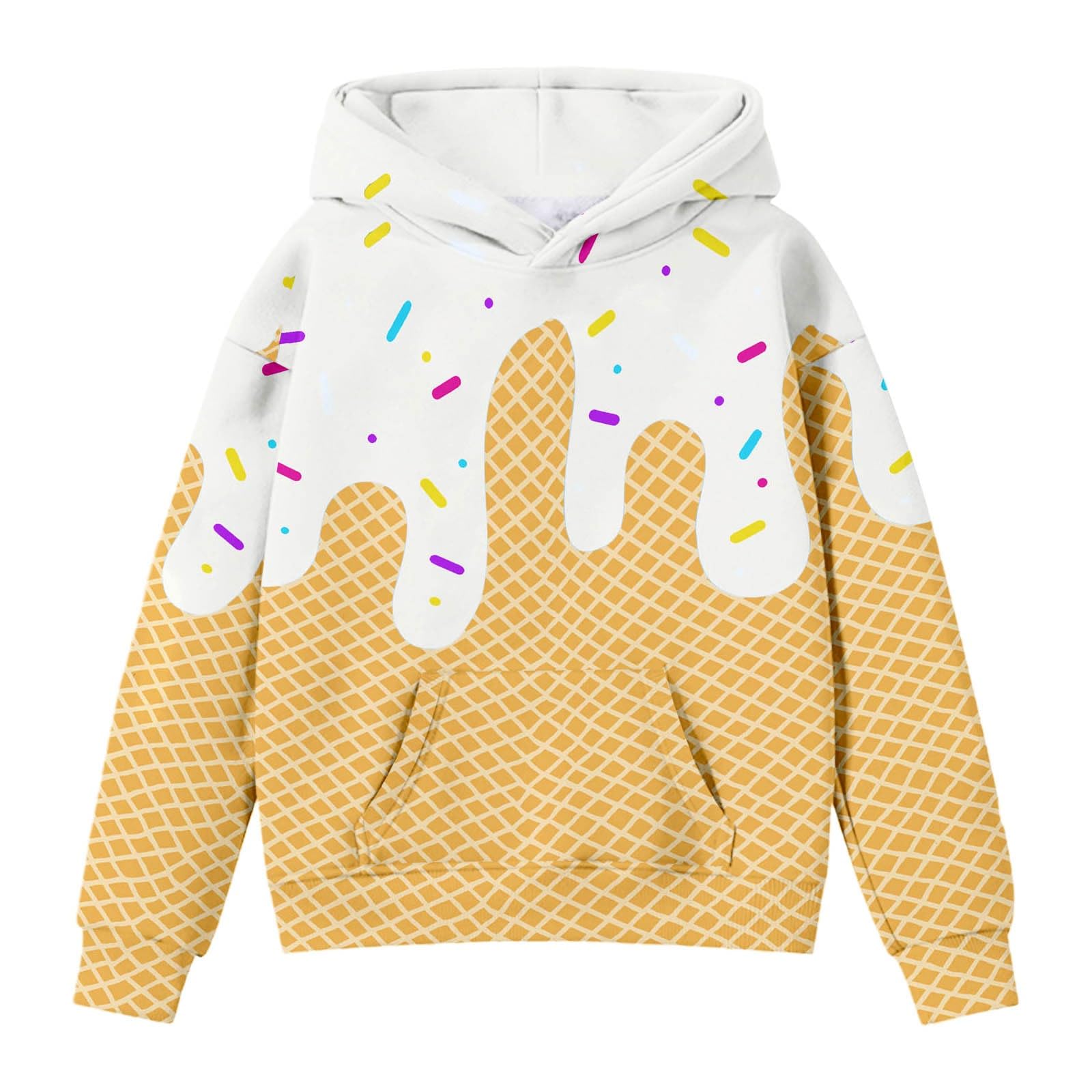 Girls Cute Preppy Hoodies Funny Ice Cream Drip Y2k Pullover Long Sleeve Sweatshirts with Pocket Kids Streewear 2-12 Years