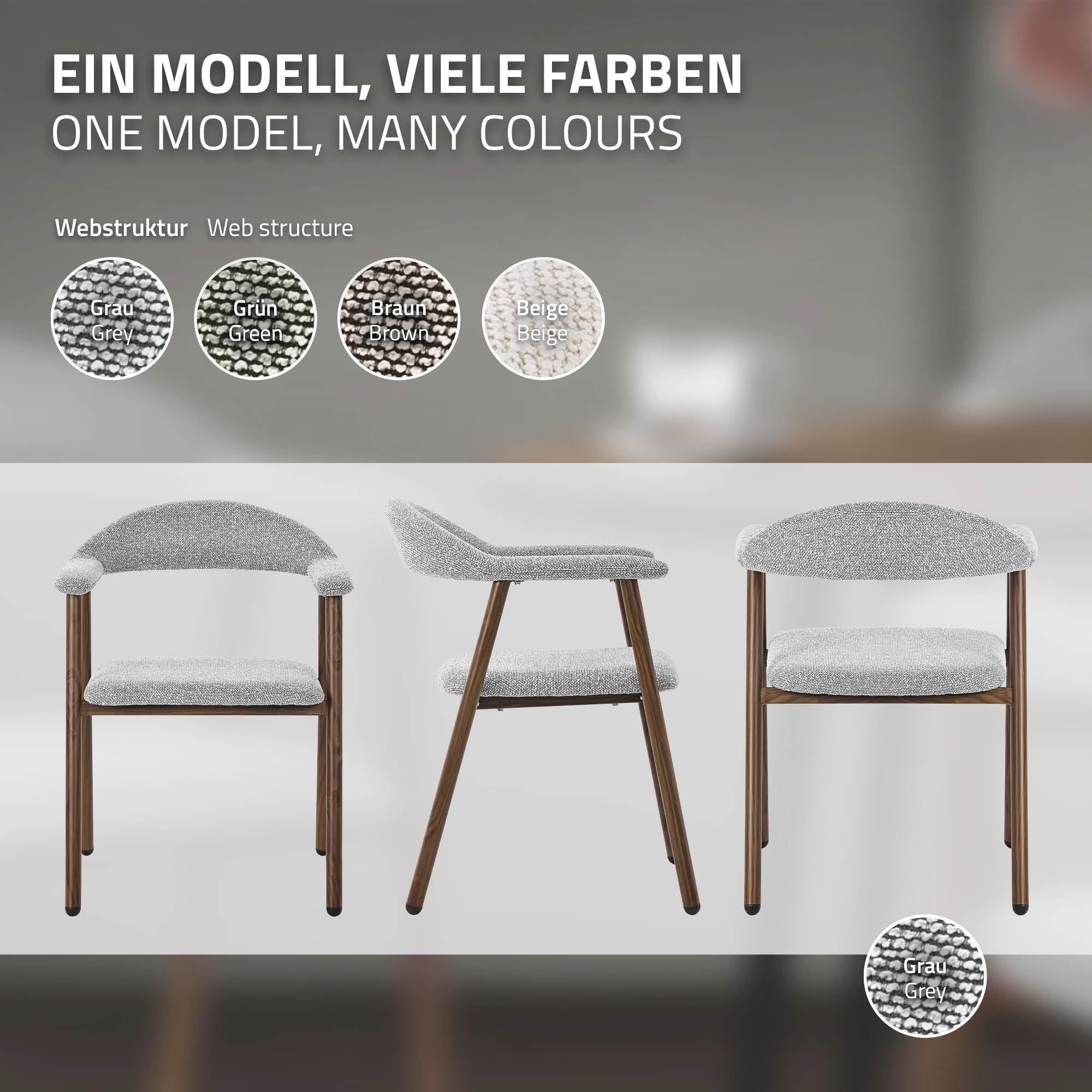 ML-Design Juego 4 Sillas de Comedor con Reposabrazos, Asientos de Cocina y Salón con Respaldo, Tapizado Tejido Gris y Estructura de Acero con Aspecto Madera, Sillones Ergonómicos Modernos