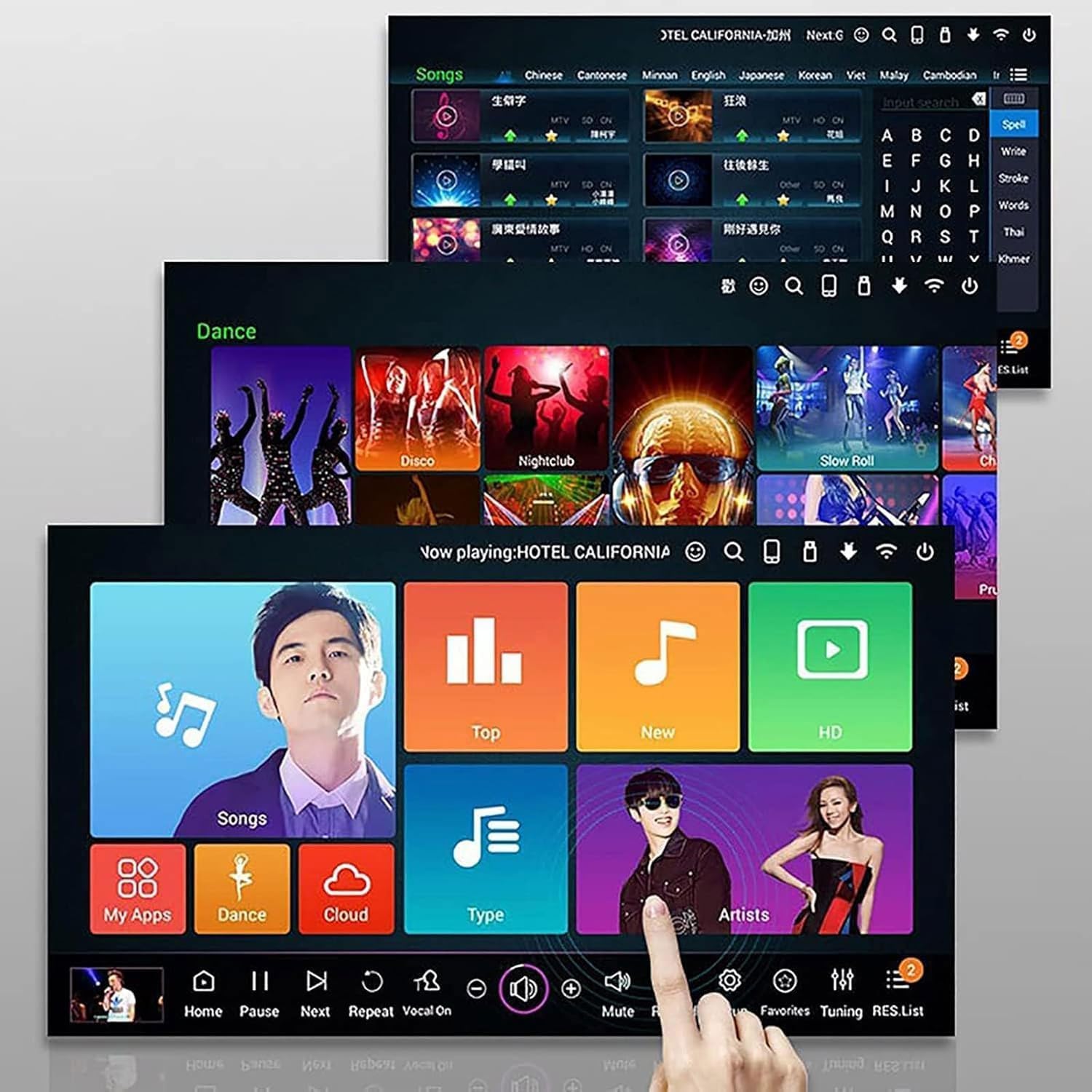 Máquina de karaoke con micrófono inalámbrico y altavoz, pantalla táctil de 21.5 pulgadas, control de aplicación, amplificador de potencia para entretenimiento en casa y bar