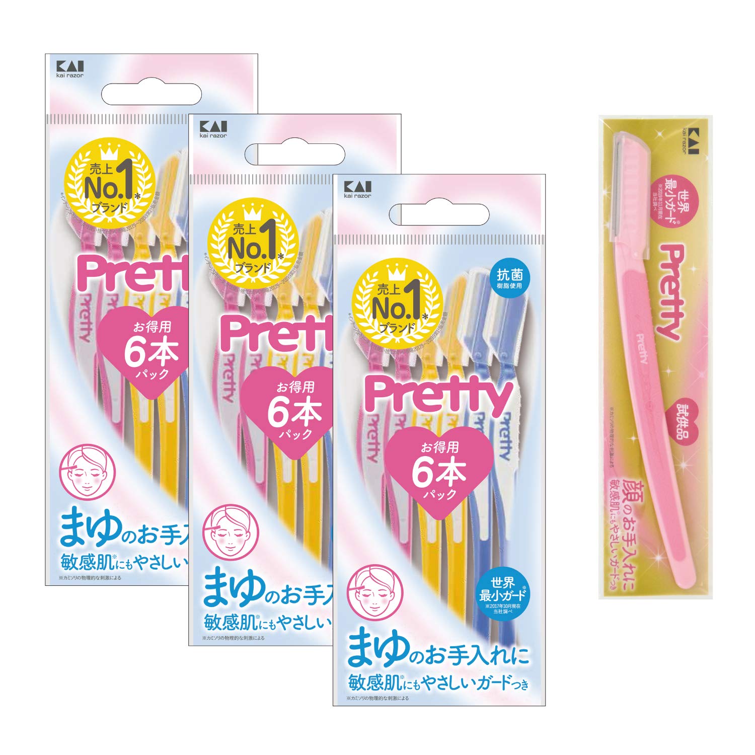 Kai Corporation Pretty Eyebrow Sensitive Skin 6 Pieces x 3 Packs + L Shaped Razor Set for Sensitive Skin, 18 Pieces + 1 Piece