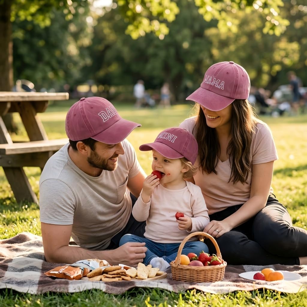 Confezione da 3 cappellini baseball abbinati genitore-figlio regolabili in cotone lavato con ricamo DAD MAMA Ideali per attività all aperto famiglia Regali la Festa del Papà della Mamma e le tappe imp
