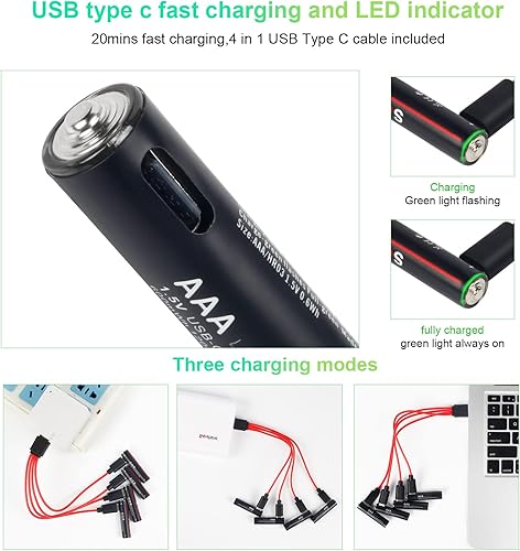 Miniatura 2 de Batería USB AAA tipo C batería AAA recargable de iones de litio de 15 V 600 mWh paquete de 4 con cable USB 4 en 1 para juguetes linternas