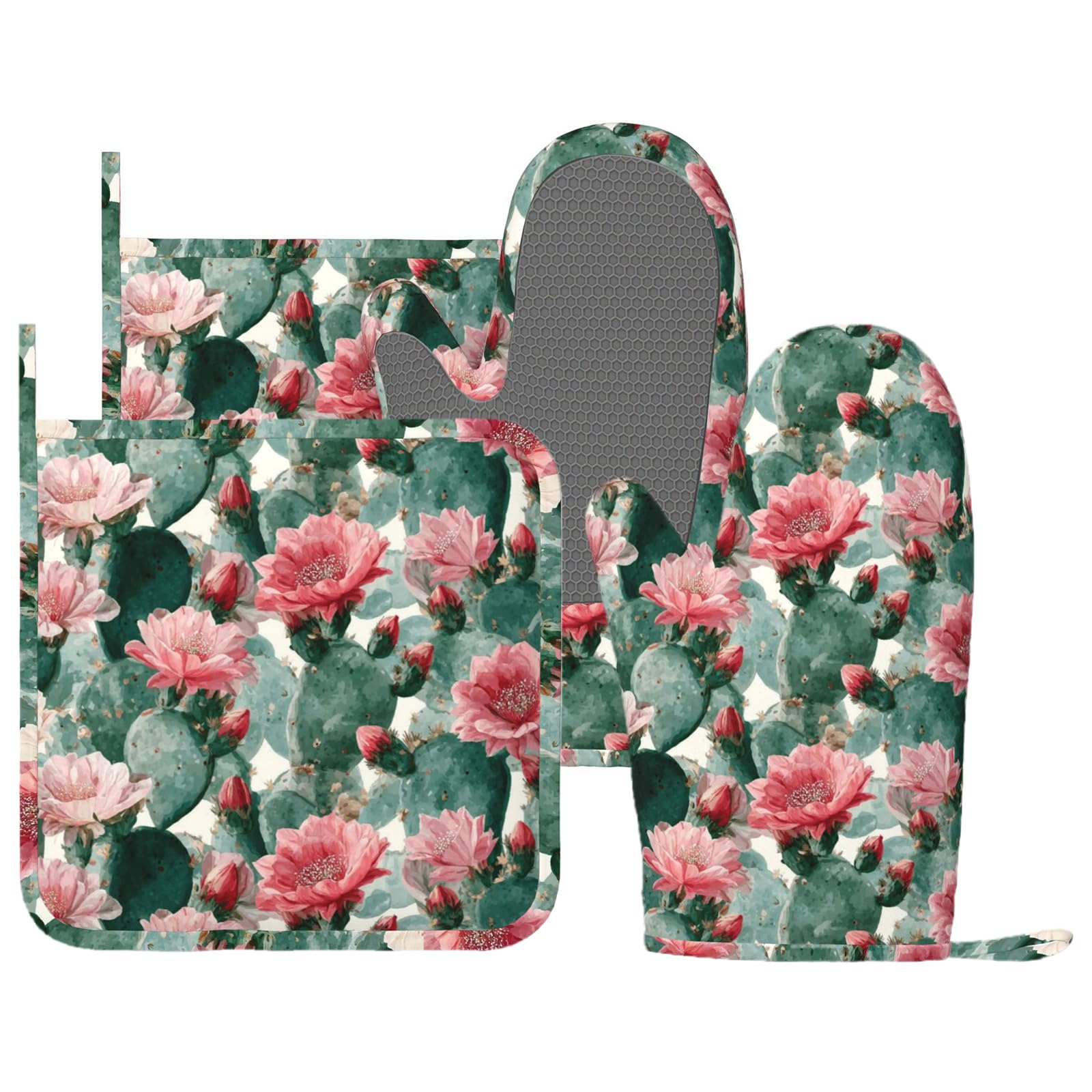 Manoplas de horno y soportes para ollas con diseño de flores de cactus bohemio, 4 unidades